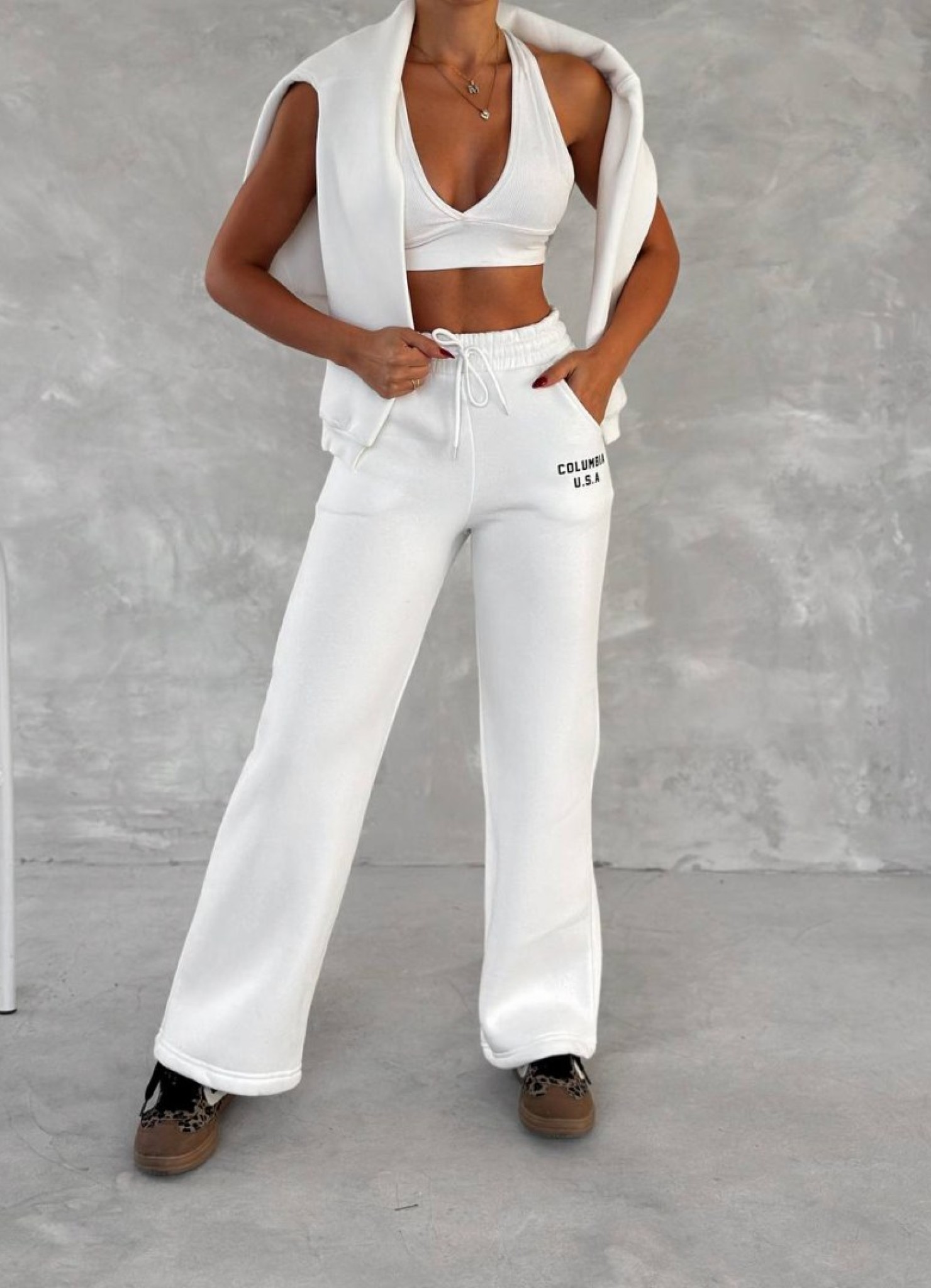 Üç İplik Baskılı Sweat Eşofman Takım Beyaz