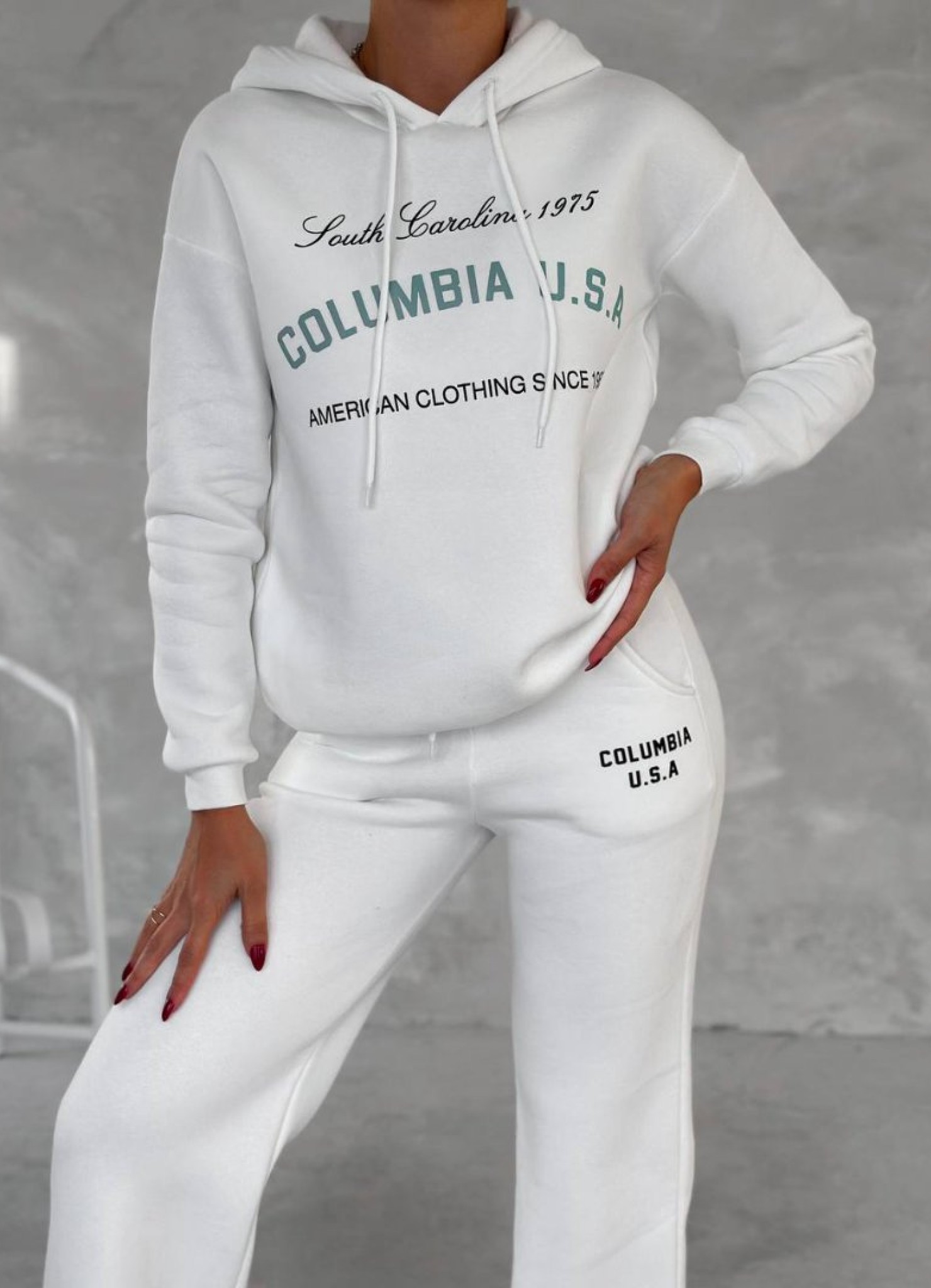 Üç İplik Baskılı Sweat Eşofman Takım Beyaz