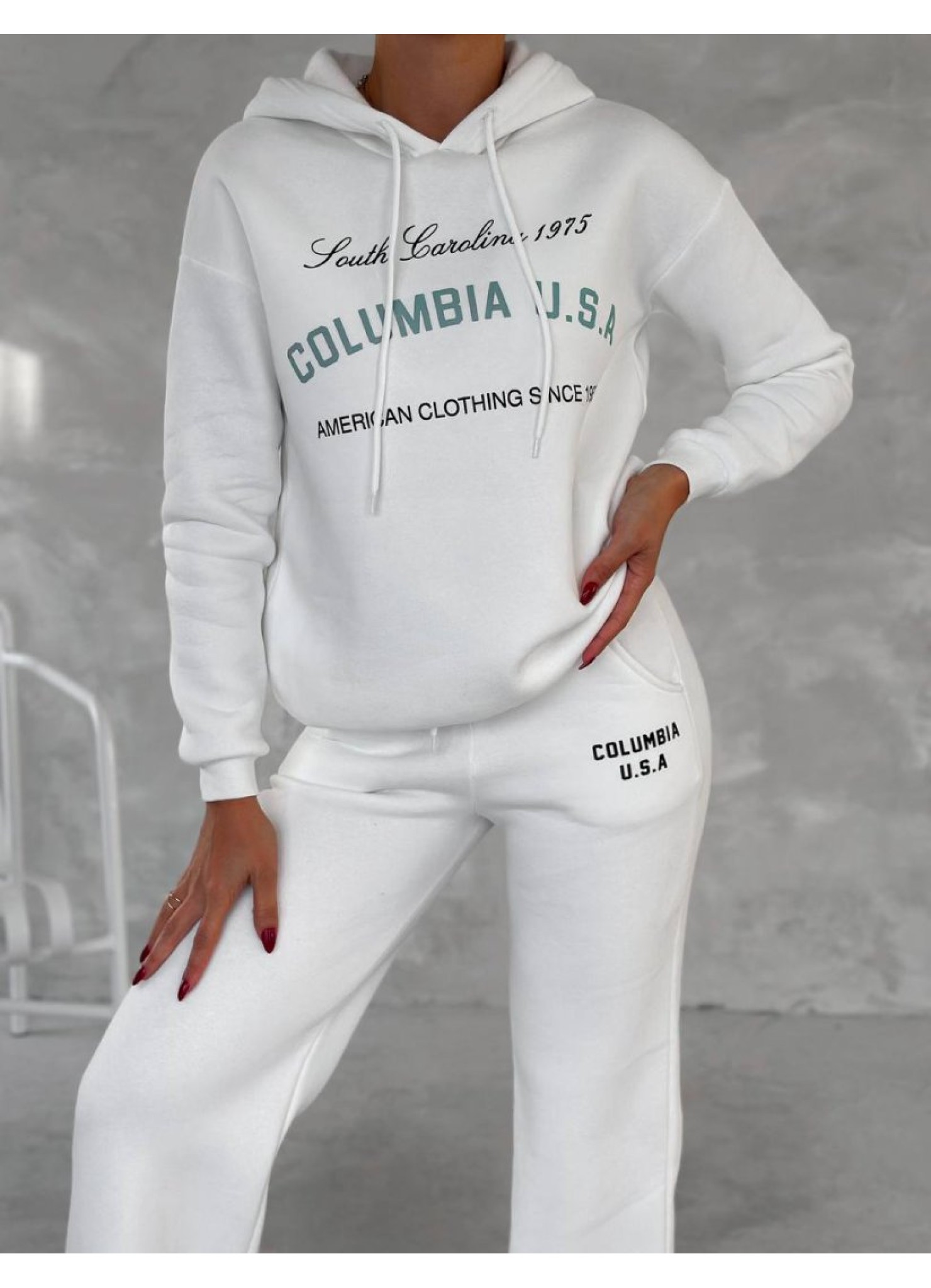 Üç İplik Baskılı Sweat Eşofman Takım Beyaz