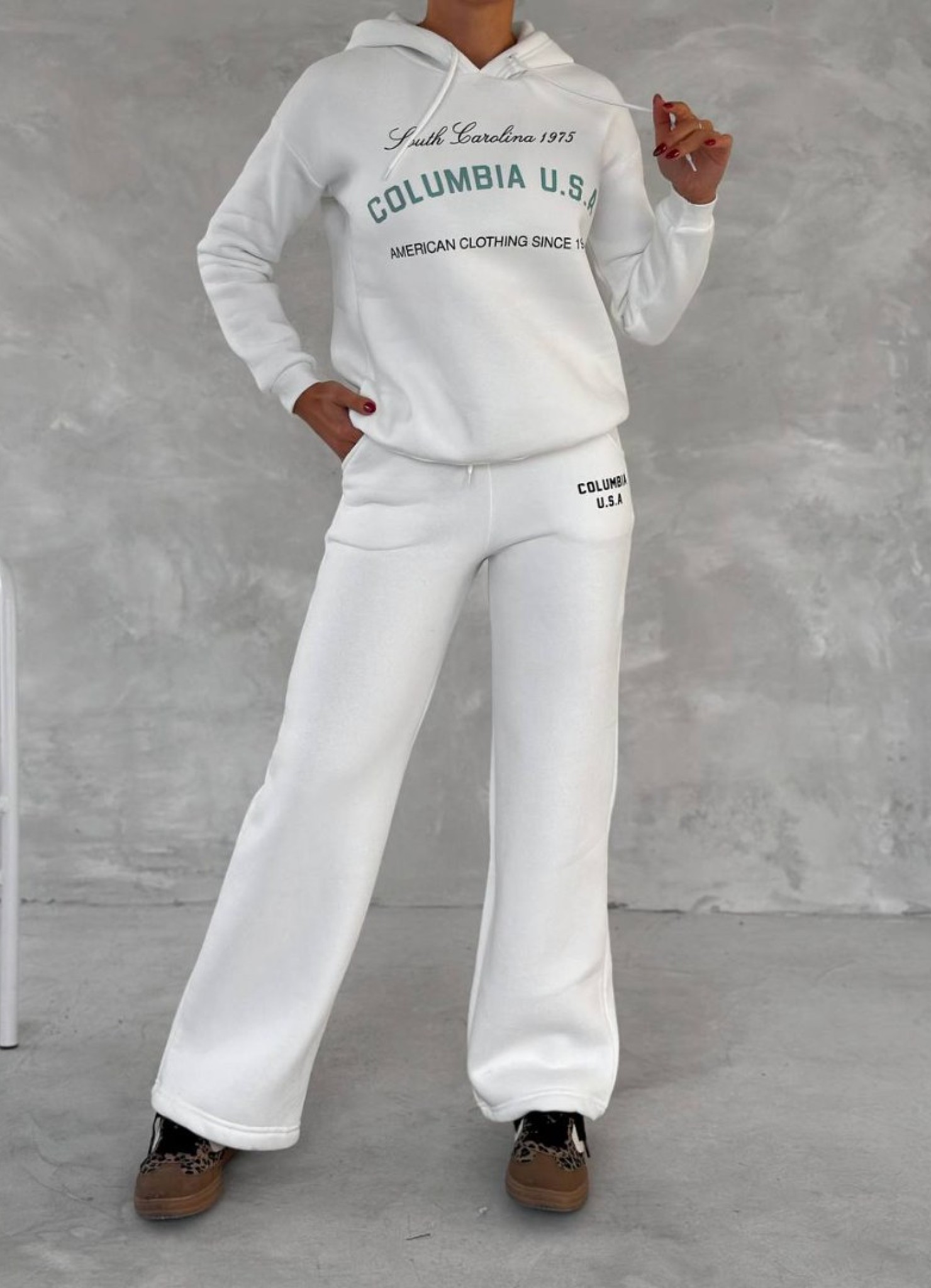 Üç İplik Baskılı Sweat Eşofman Takım Beyaz