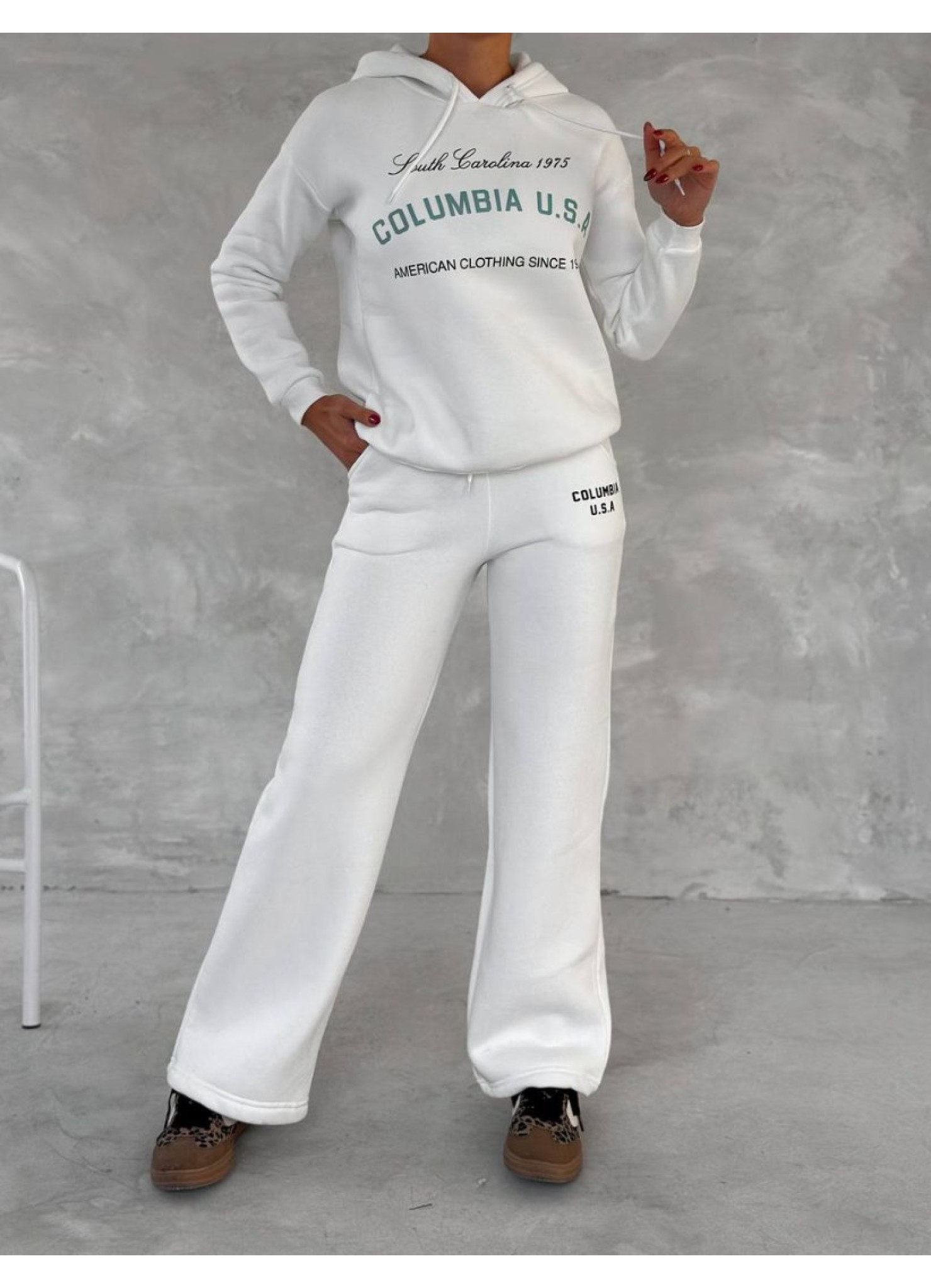 Üç İplik Baskılı Sweat Eşofman Takım Beyaz