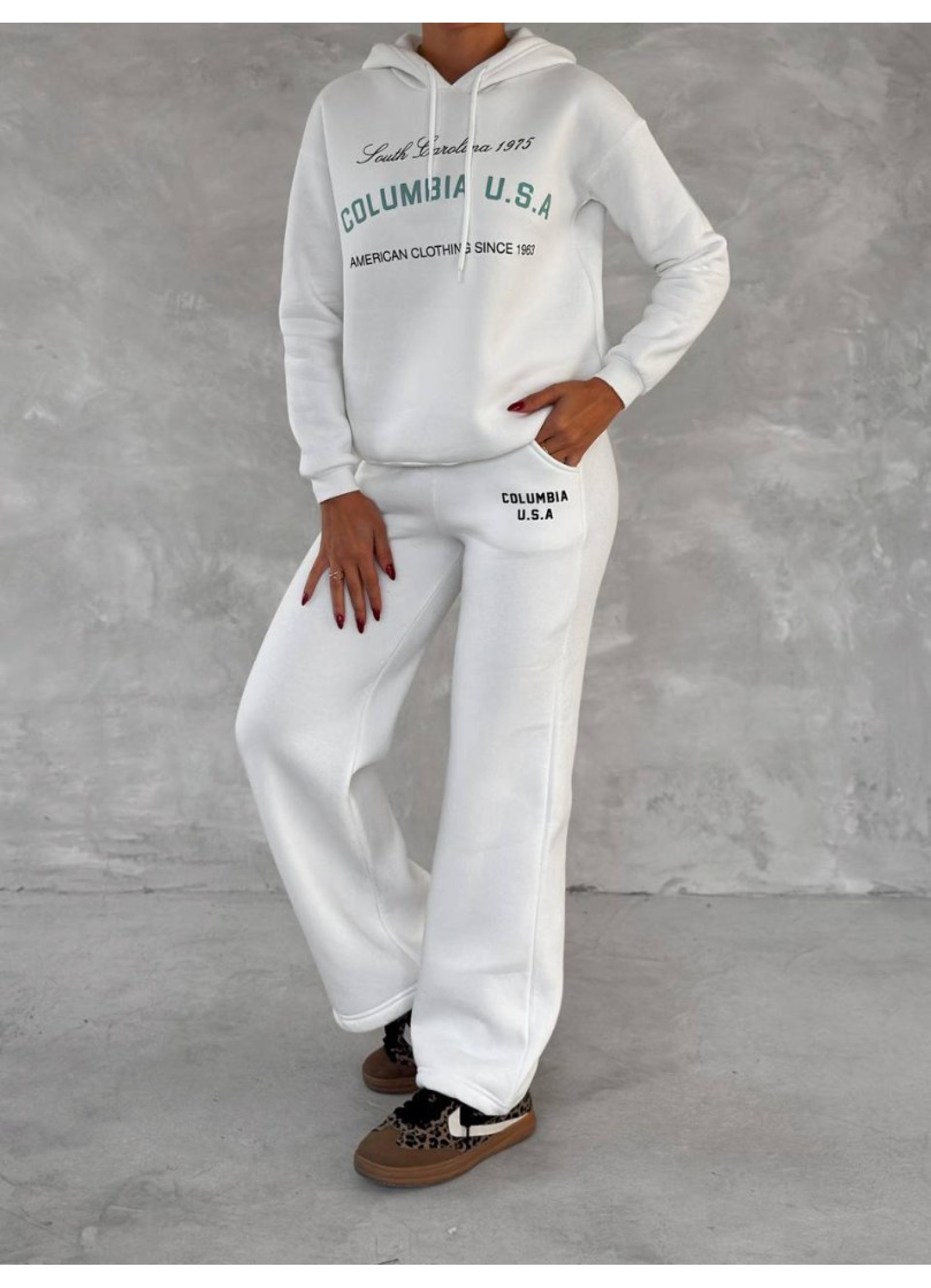 Üç İplik Baskılı Sweat Eşofman Takım Beyaz
