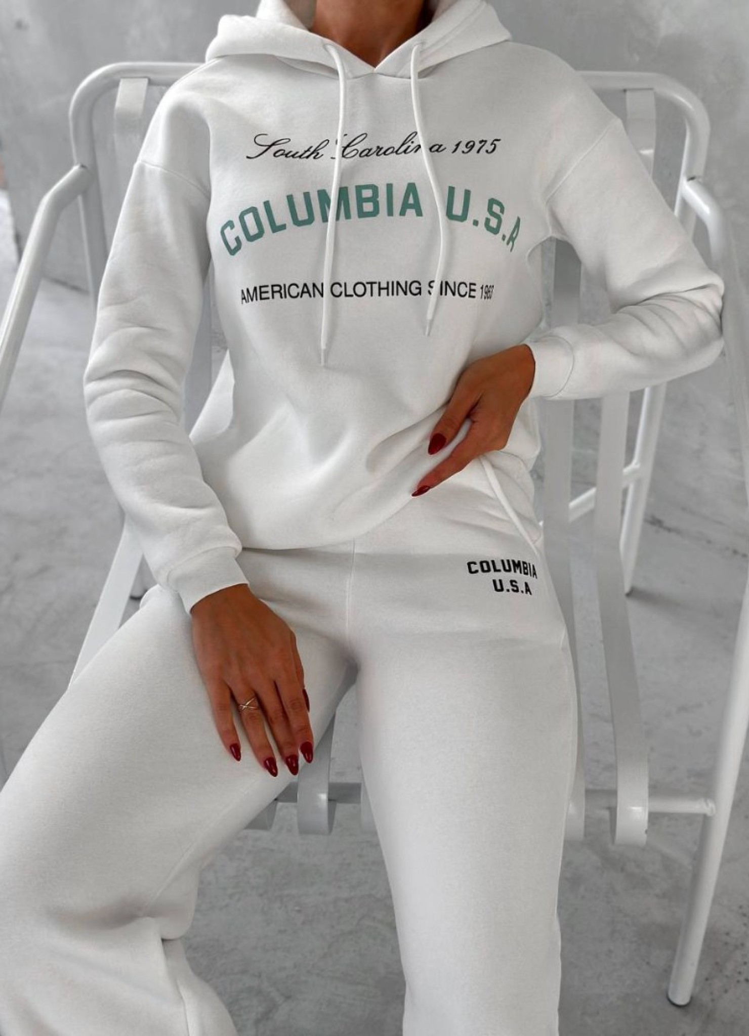 Üç İplik Baskılı Sweat Eşofman Takım Beyaz