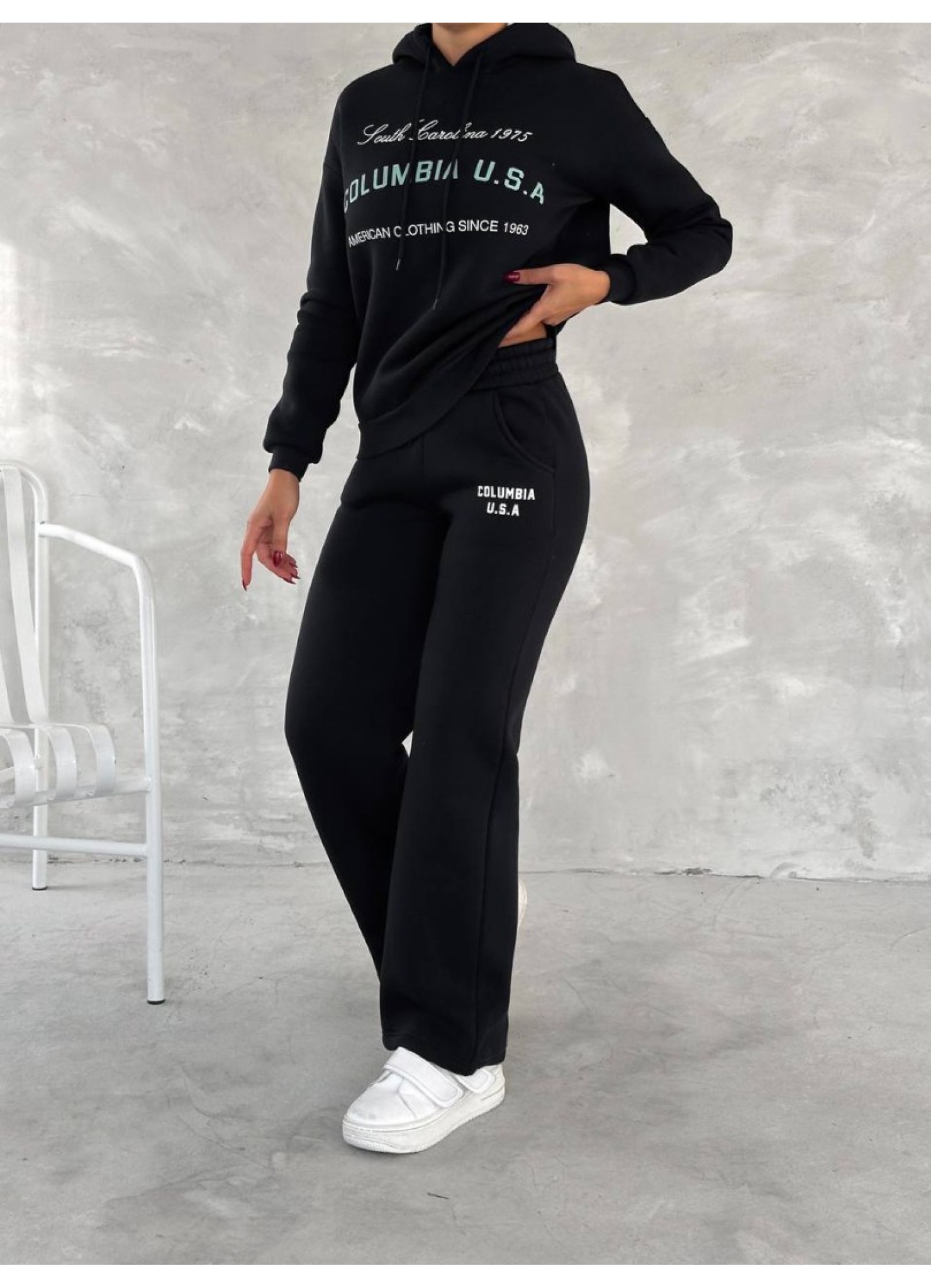 Üç İplik Baskılı Sweat Eşofman Takım Siyah