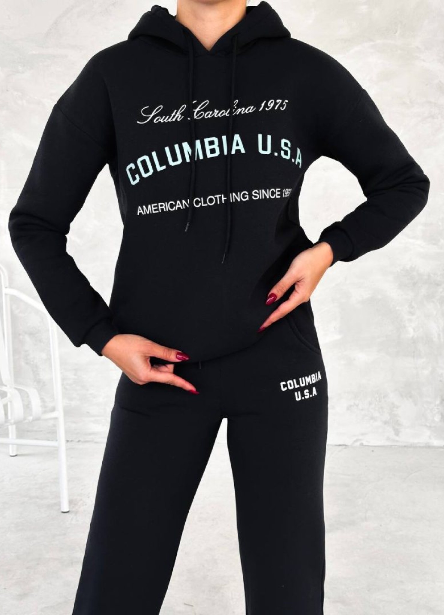 Üç İplik Baskılı Sweat Eşofman Takım Siyah