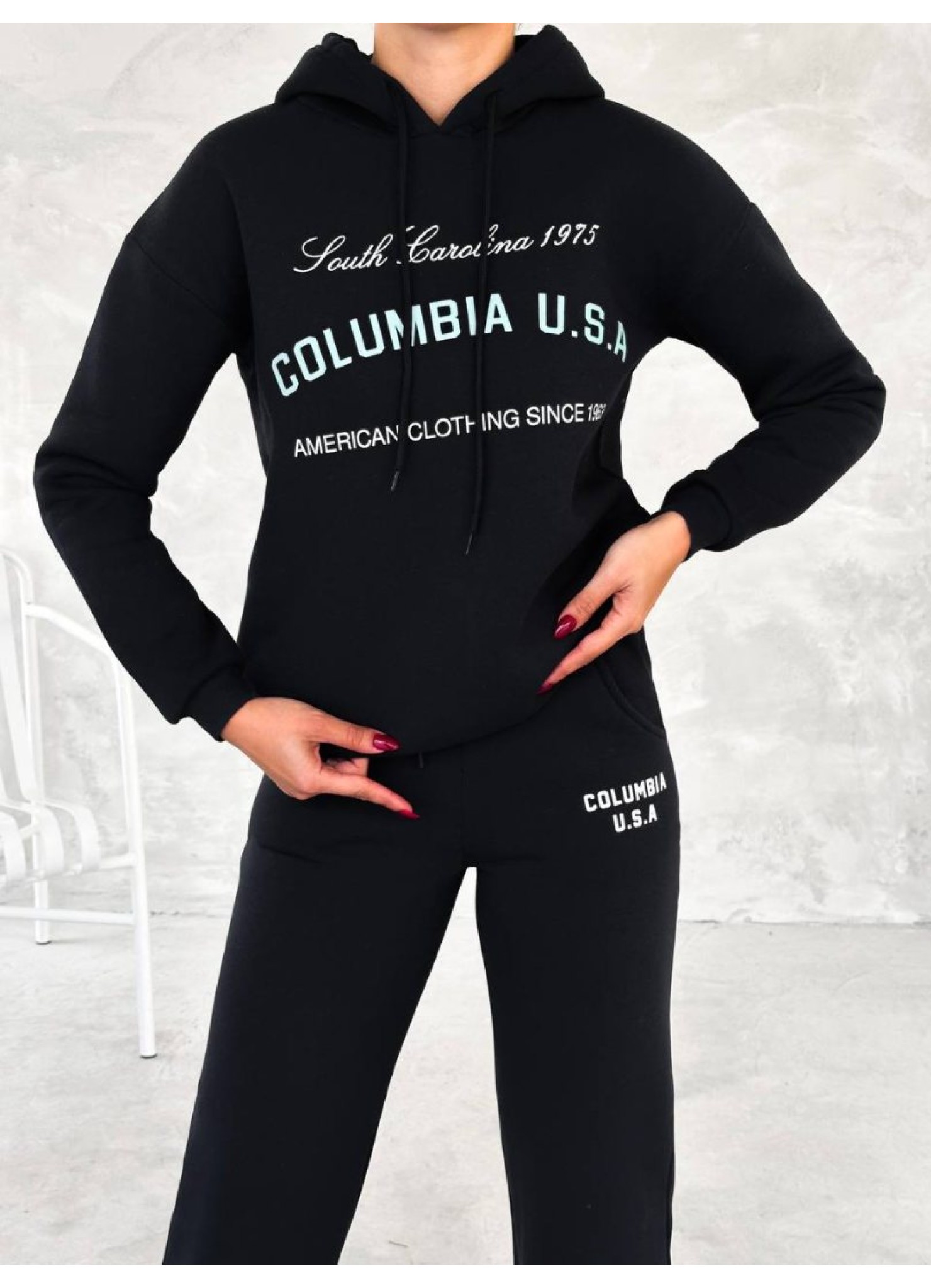 Üç İplik Baskılı Sweat Eşofman Takım Siyah