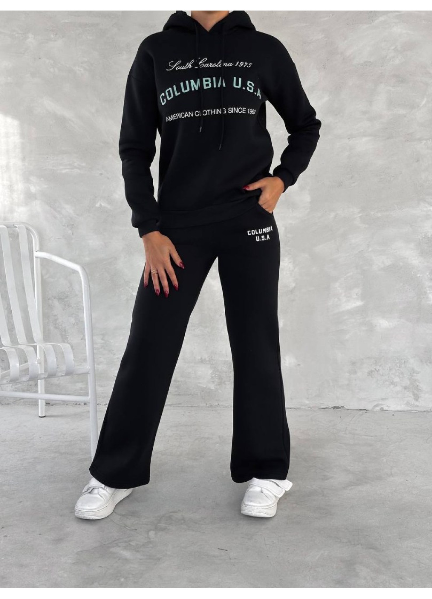 Üç İplik Baskılı Sweat Eşofman Takım Siyah