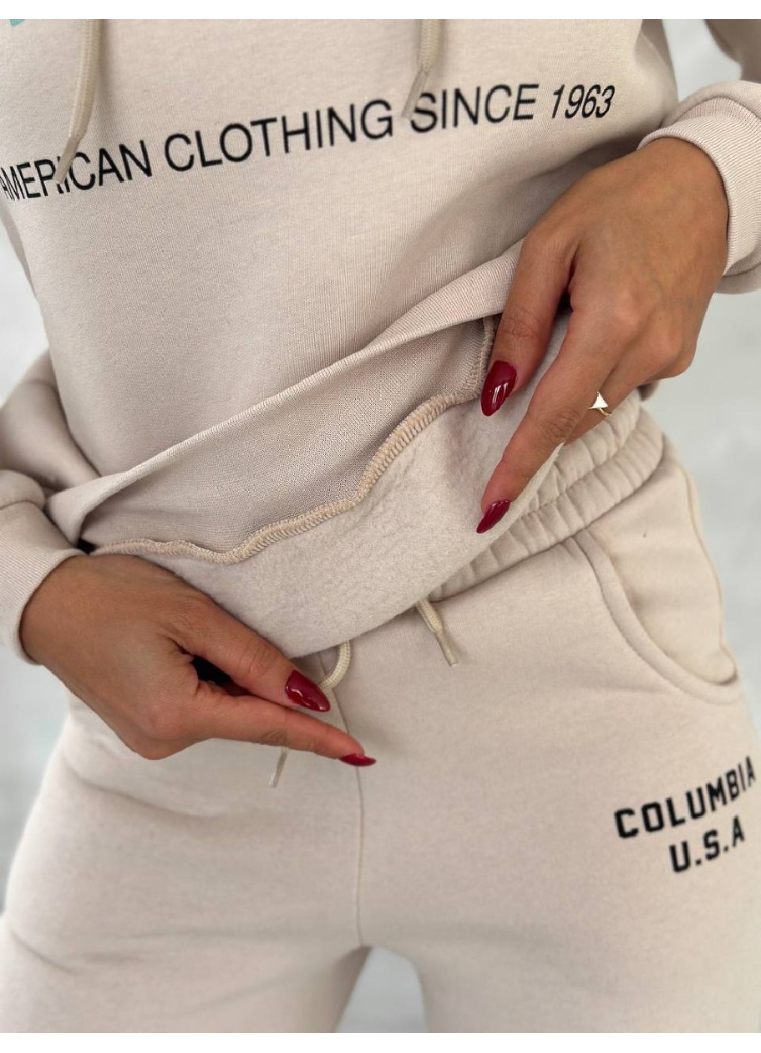 Üç İplik Baskılı Sweat Eşofman Takım Krem