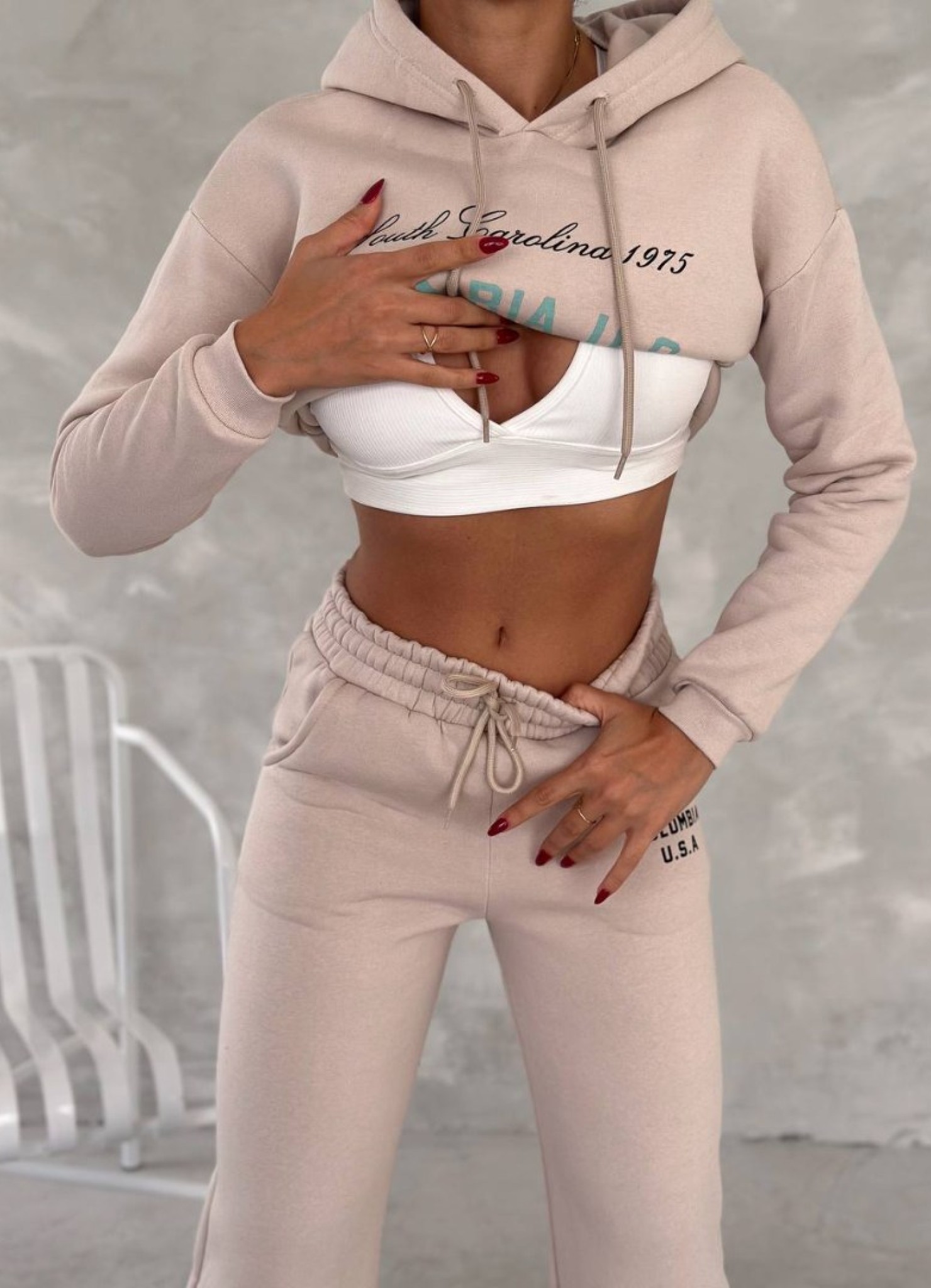 Üç İplik Baskılı Sweat Eşofman Takım Krem