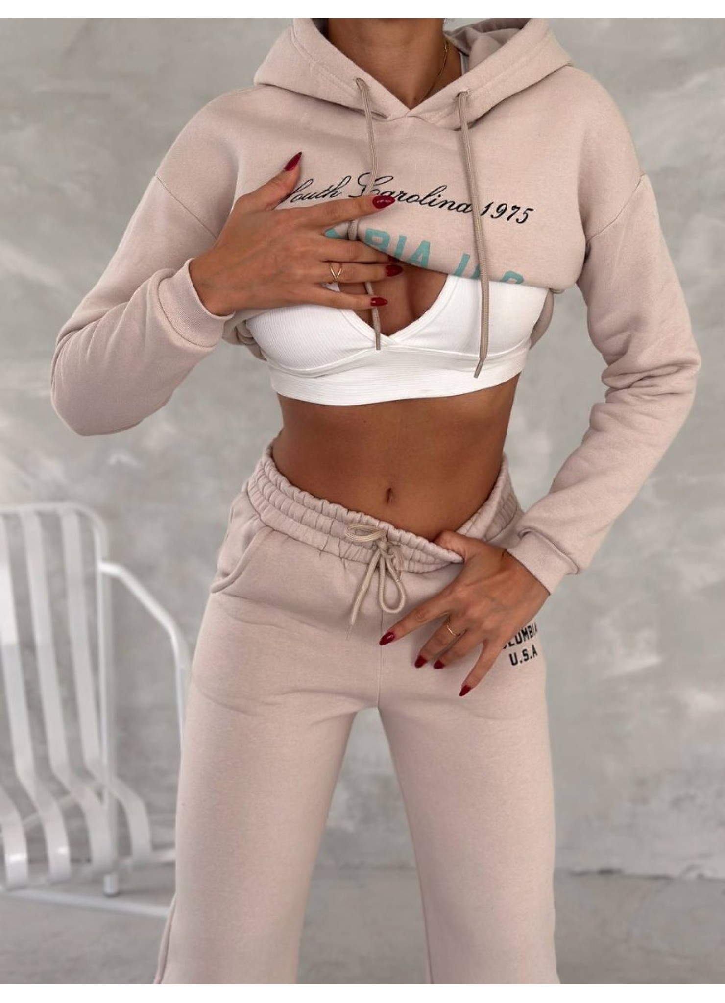 Üç İplik Baskılı Sweat Eşofman Takım Krem