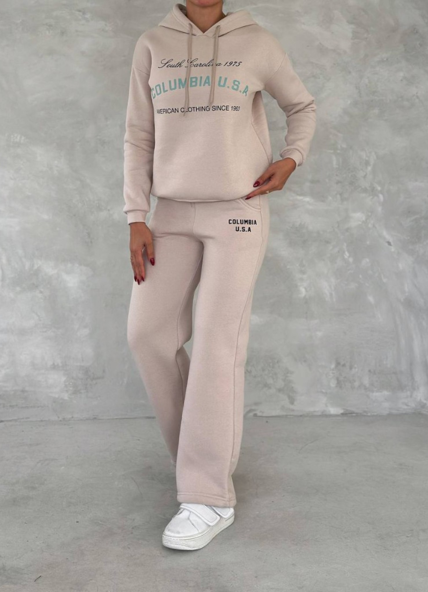 Üç İplik Baskılı Sweat Eşofman Takım Krem