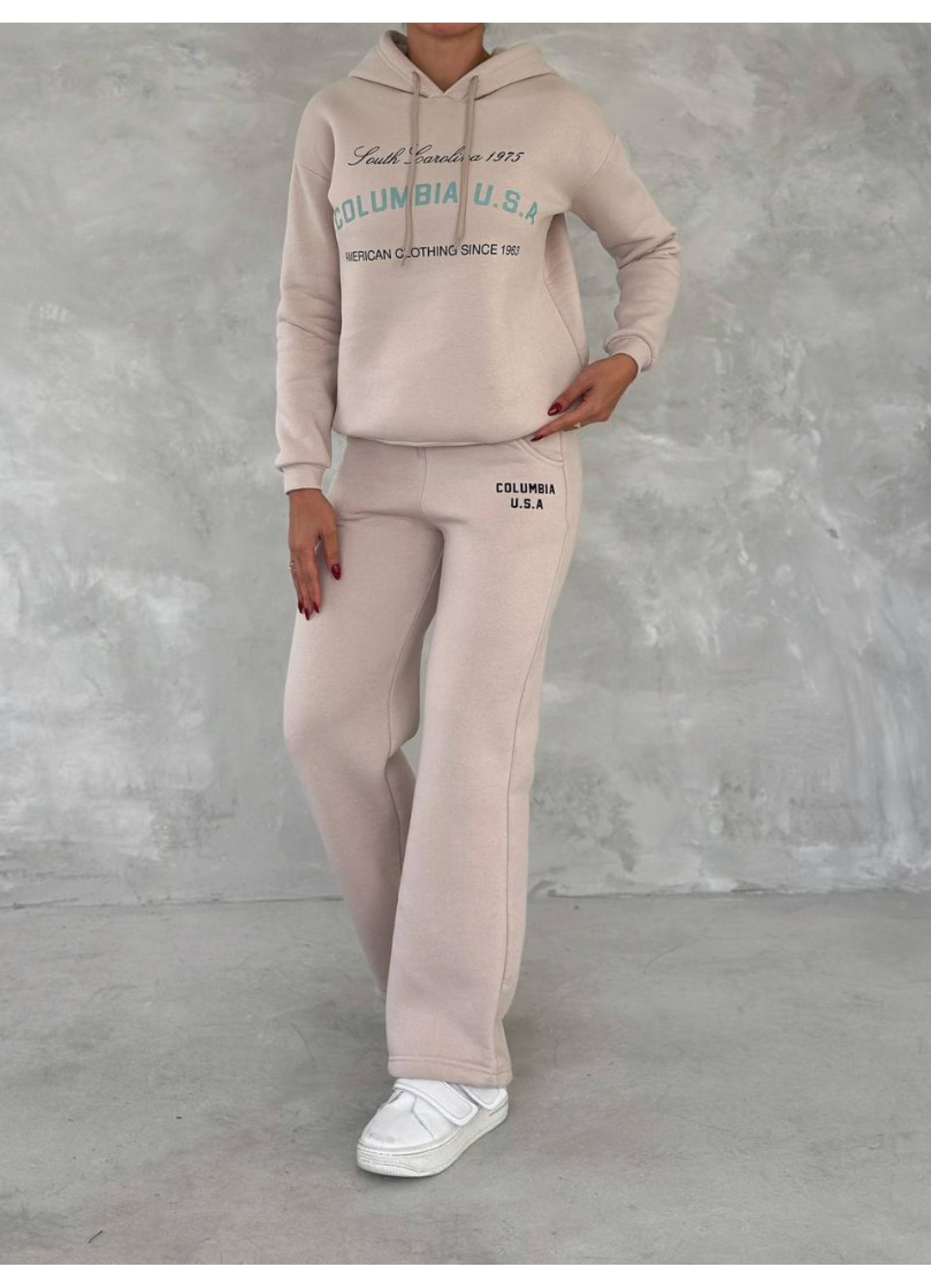 Üç İplik Baskılı Sweat Eşofman Takım Krem