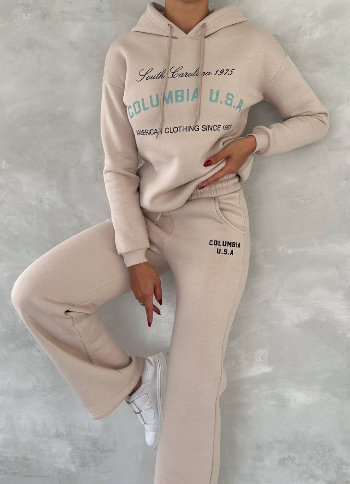 Üç İplik Baskılı Sweat Eşofman Takım Krem