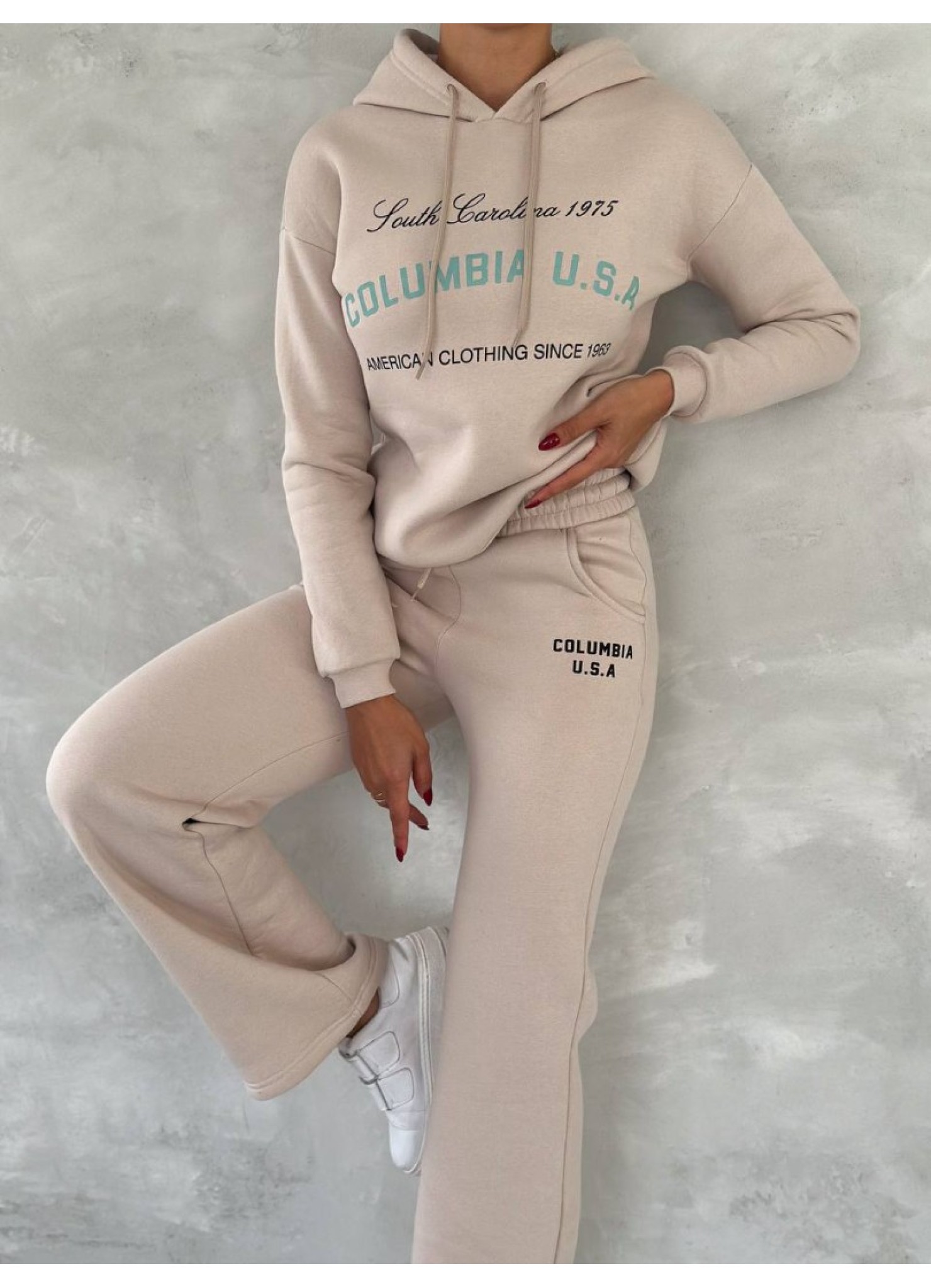 Üç İplik Baskılı Sweat Eşofman Takım Krem