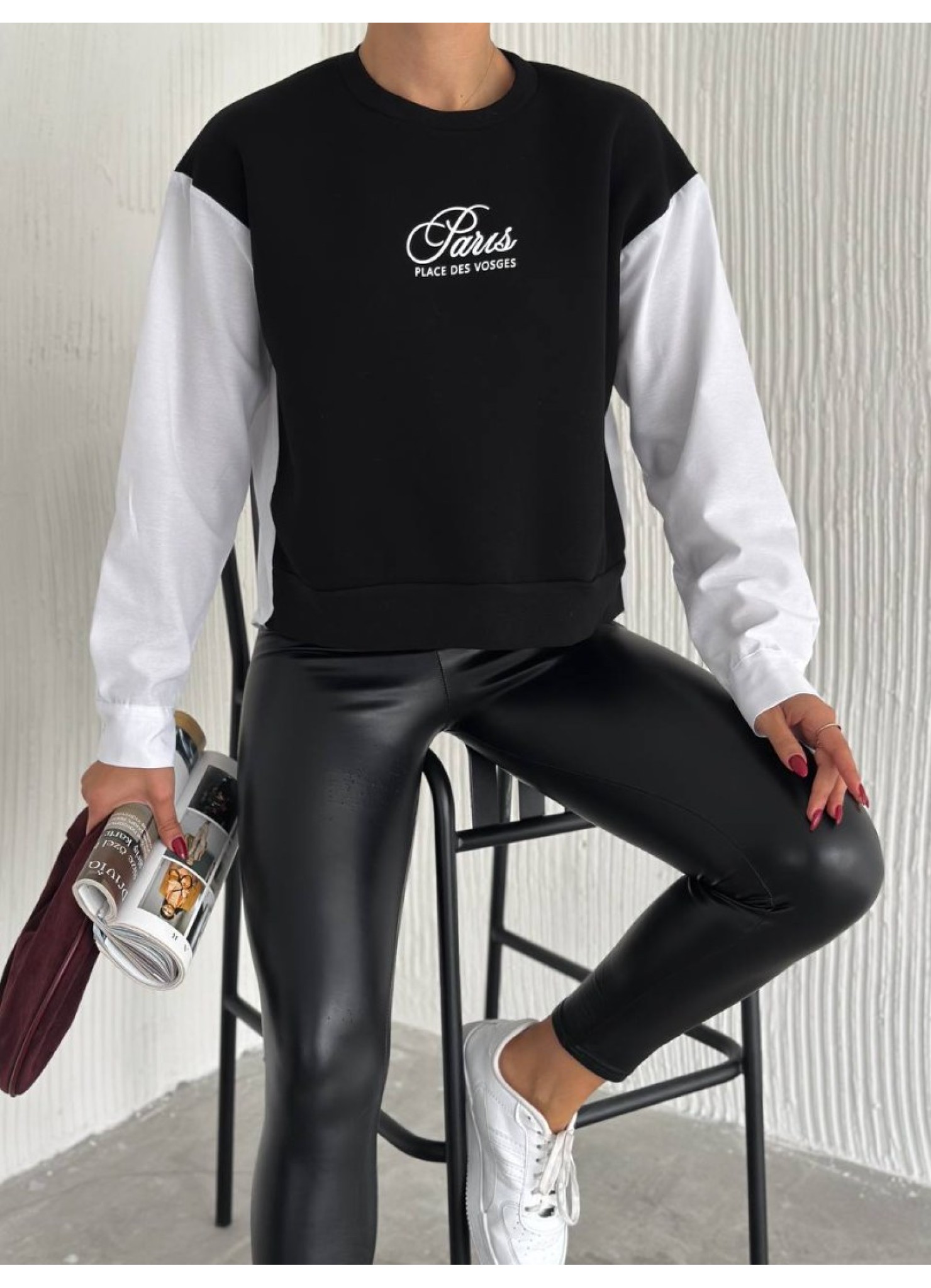 Üç İplik Poplin Garnili Sweat Siyah