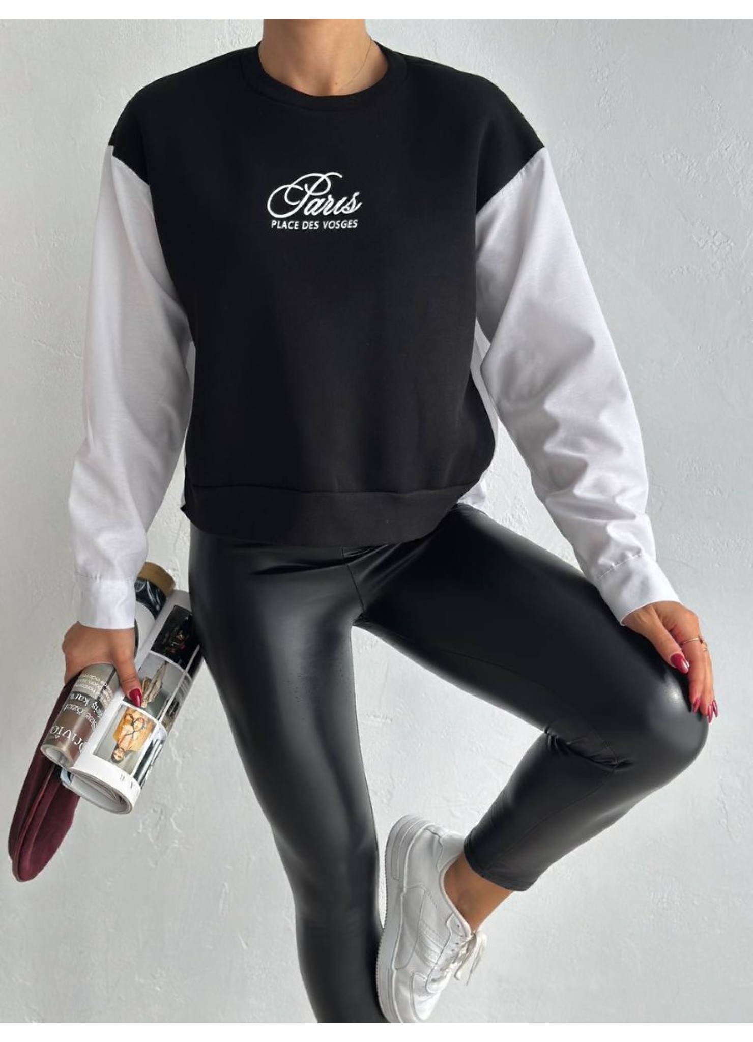 Üç İplik Poplin Garnili Sweat Siyah