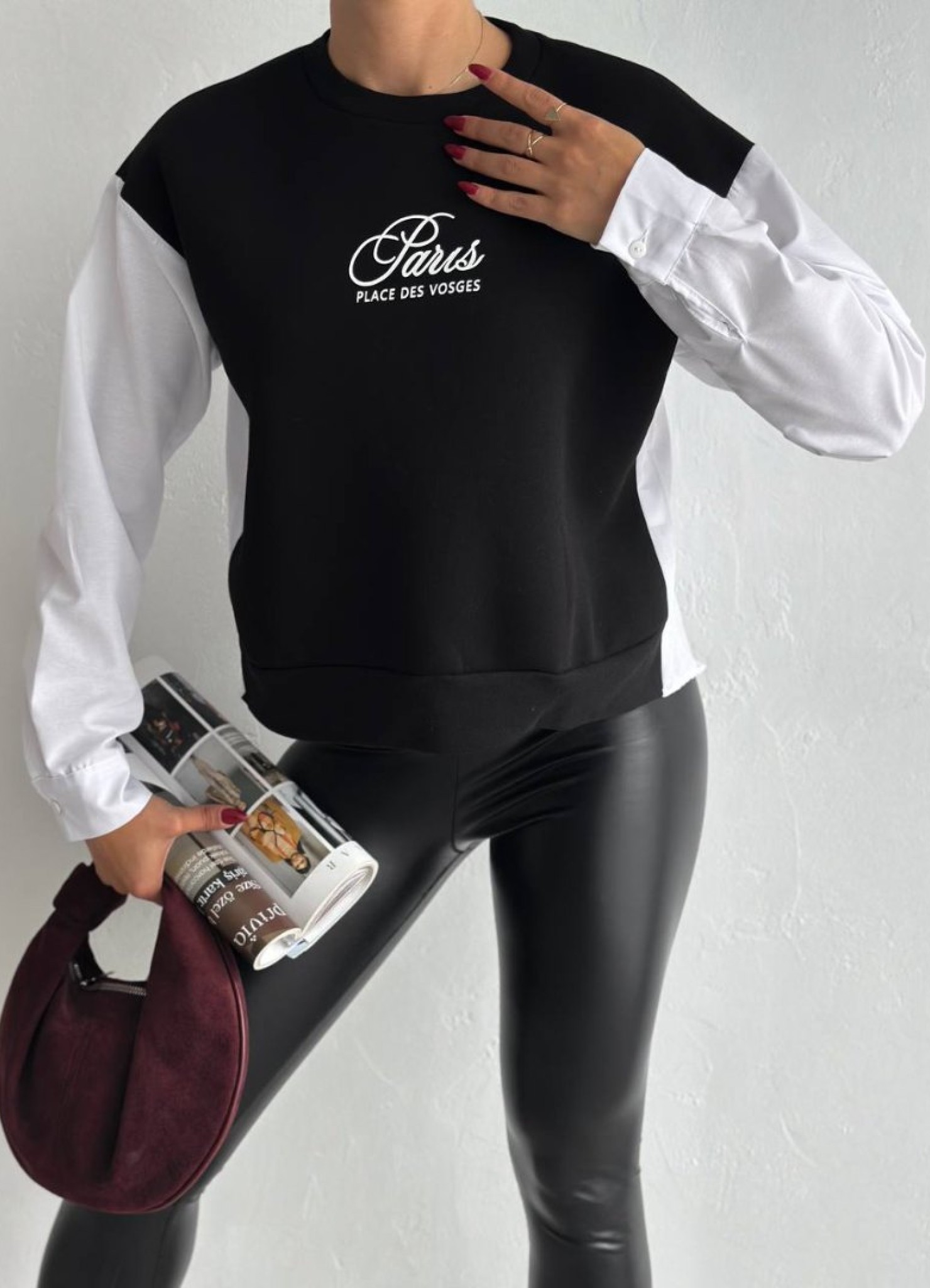 Üç İplik Poplin Garnili Sweat Siyah