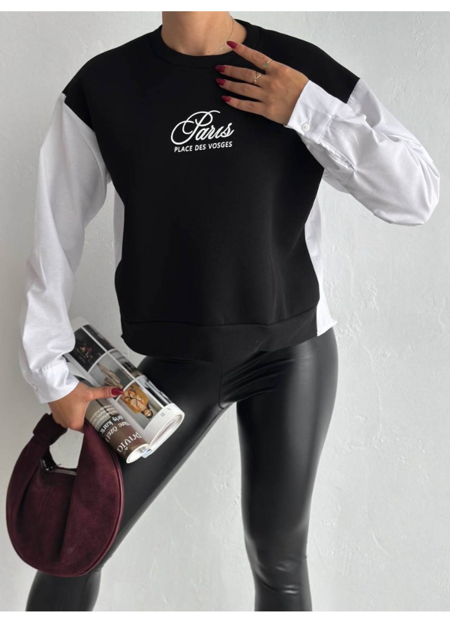 Üç İplik Poplin Garnili Sweat Siyah