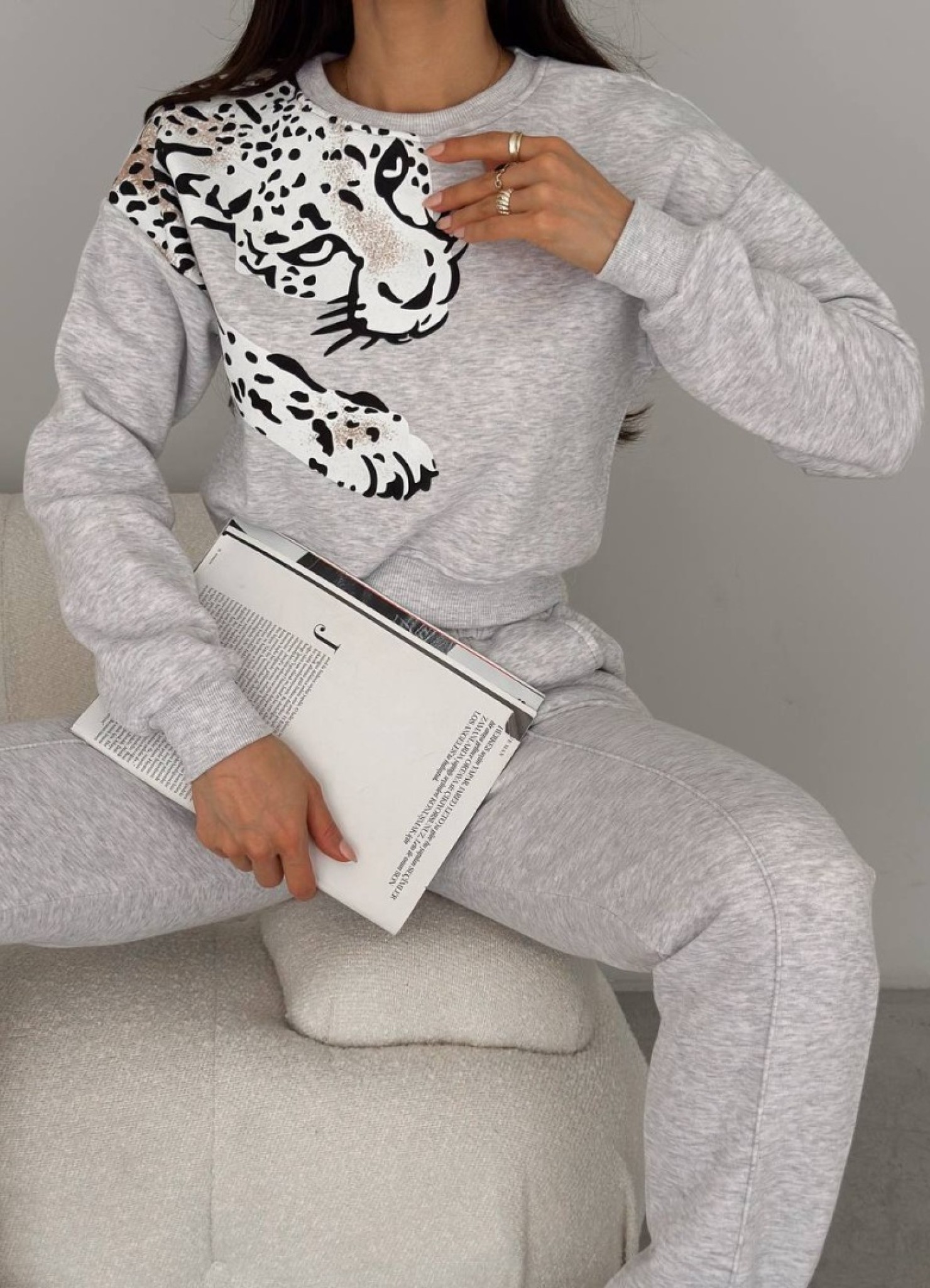 Leopar Desenli Eşofman Takımı Gri