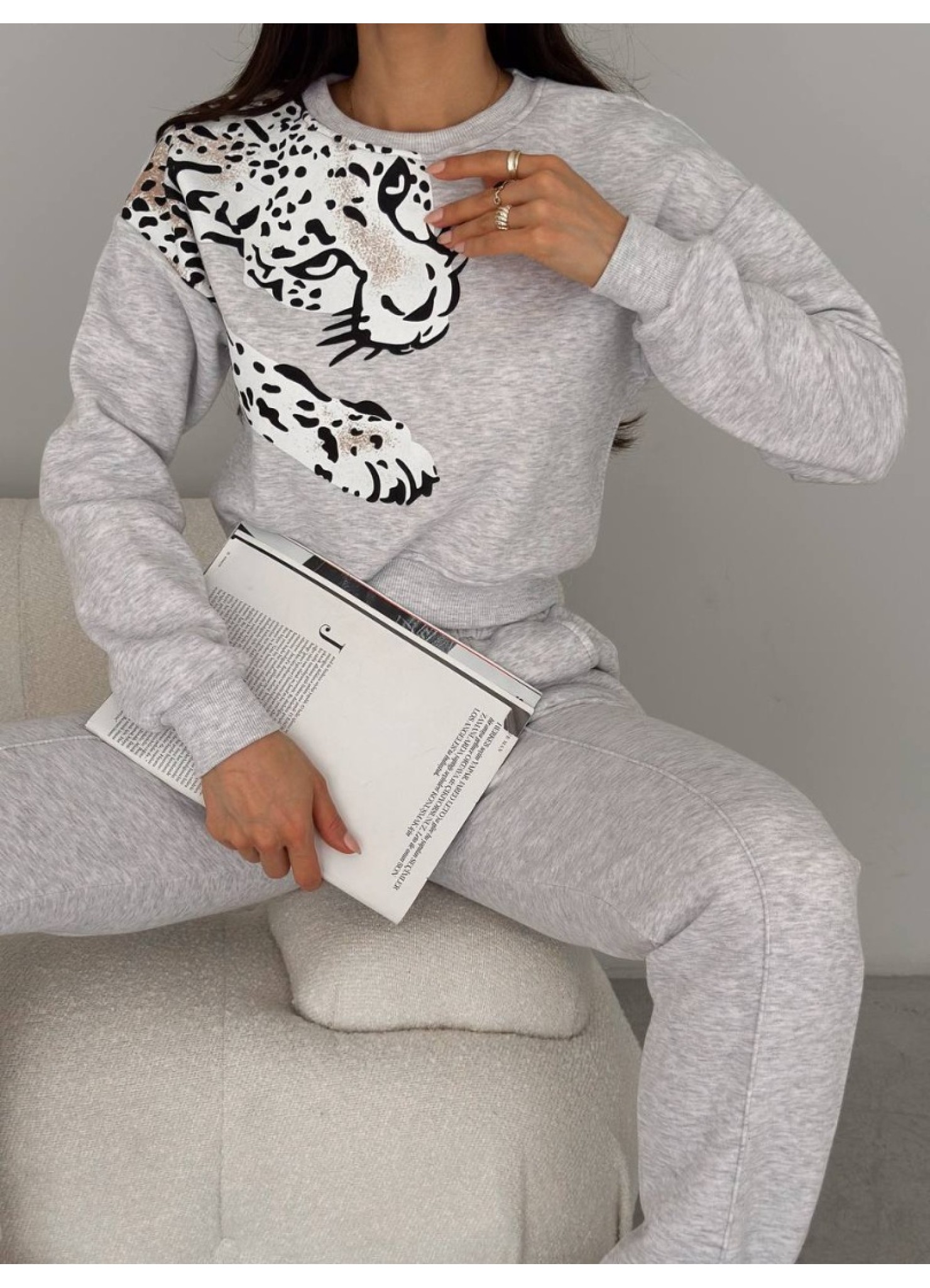 Leopar Desenli Eşofman Takımı Gri