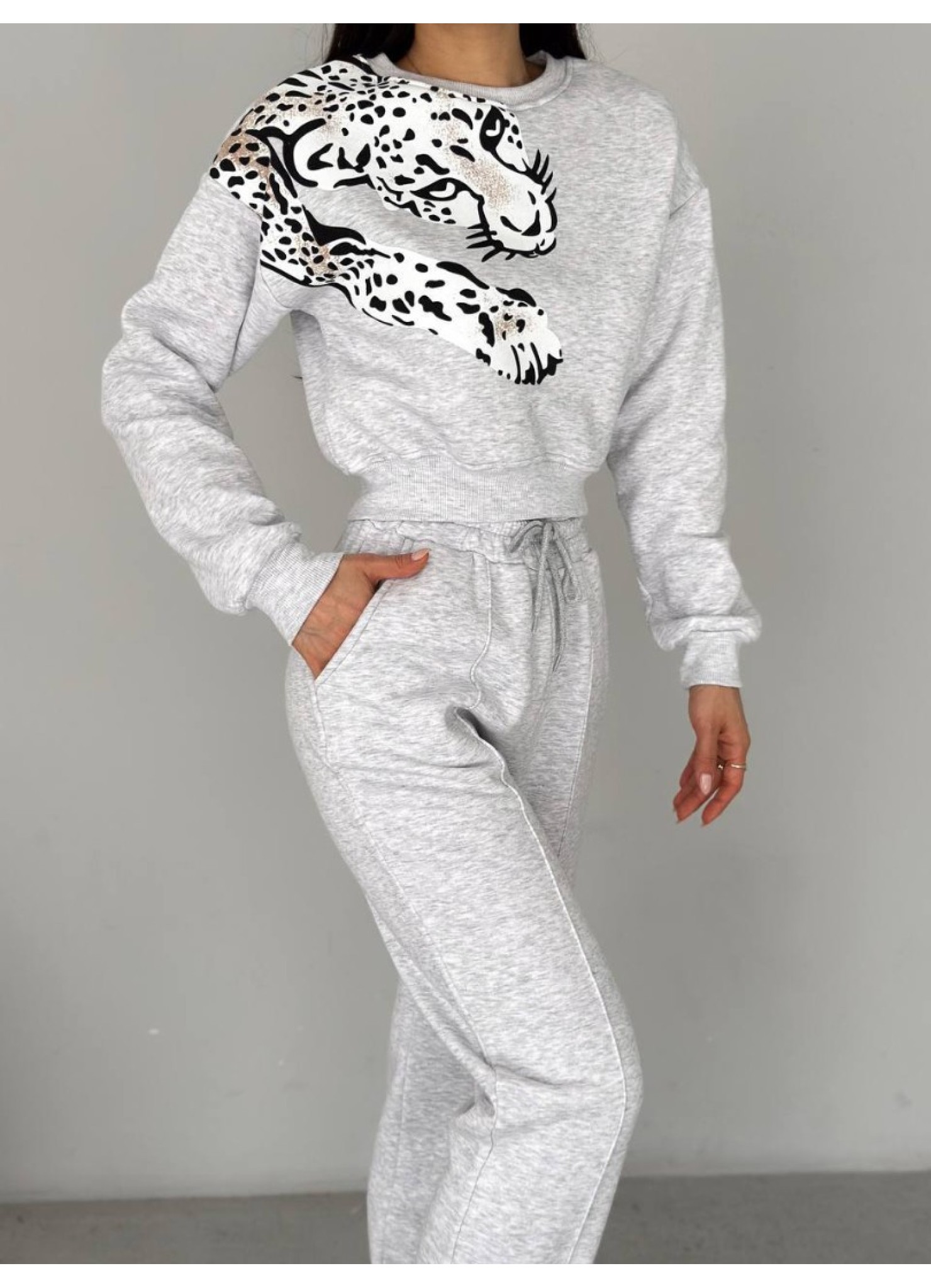 Leopar Desenli Eşofman Takımı Gri