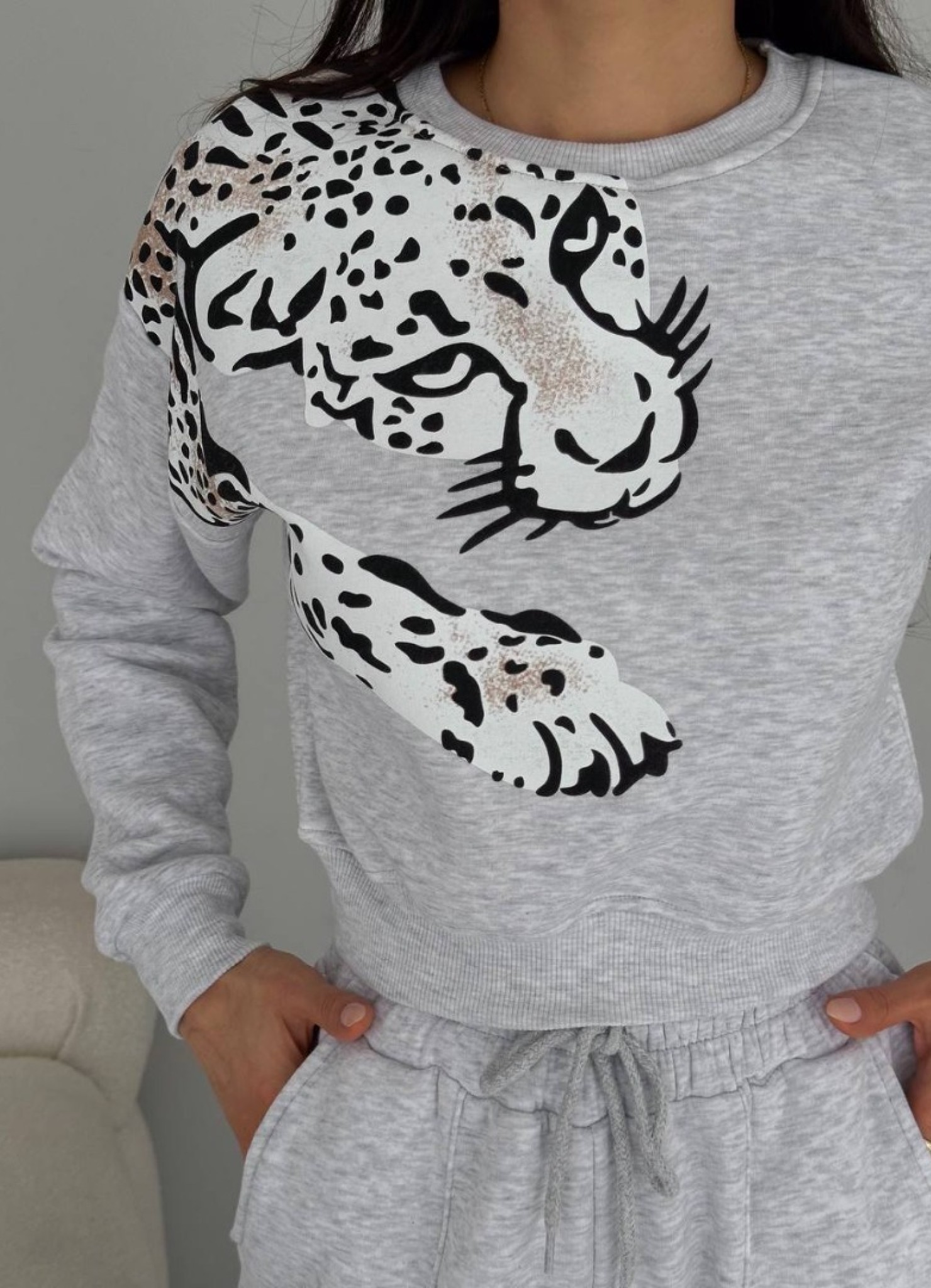 Leopar Desenli Eşofman Takımı Gri