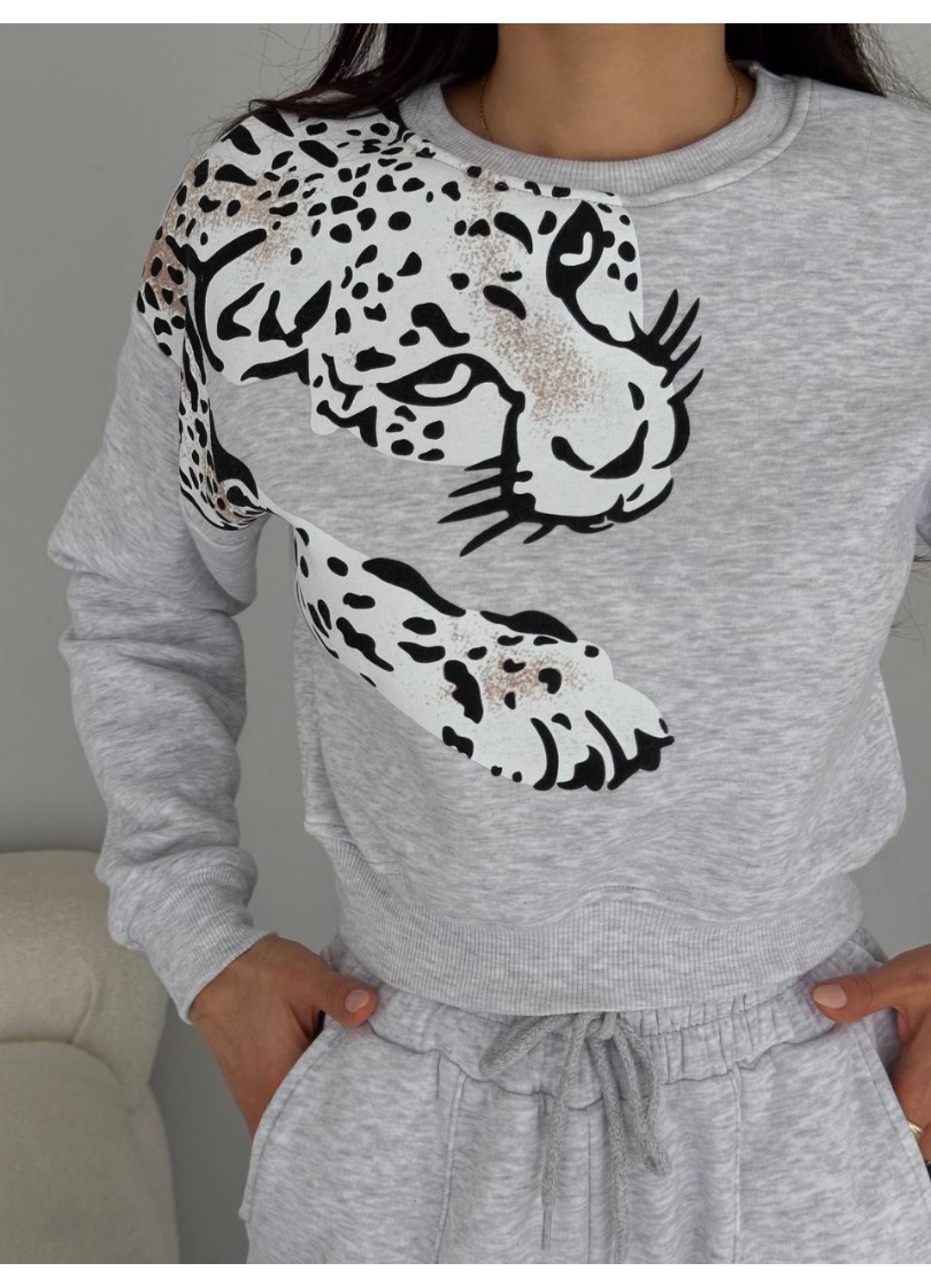 Leopar Desenli Eşofman Takımı Gri