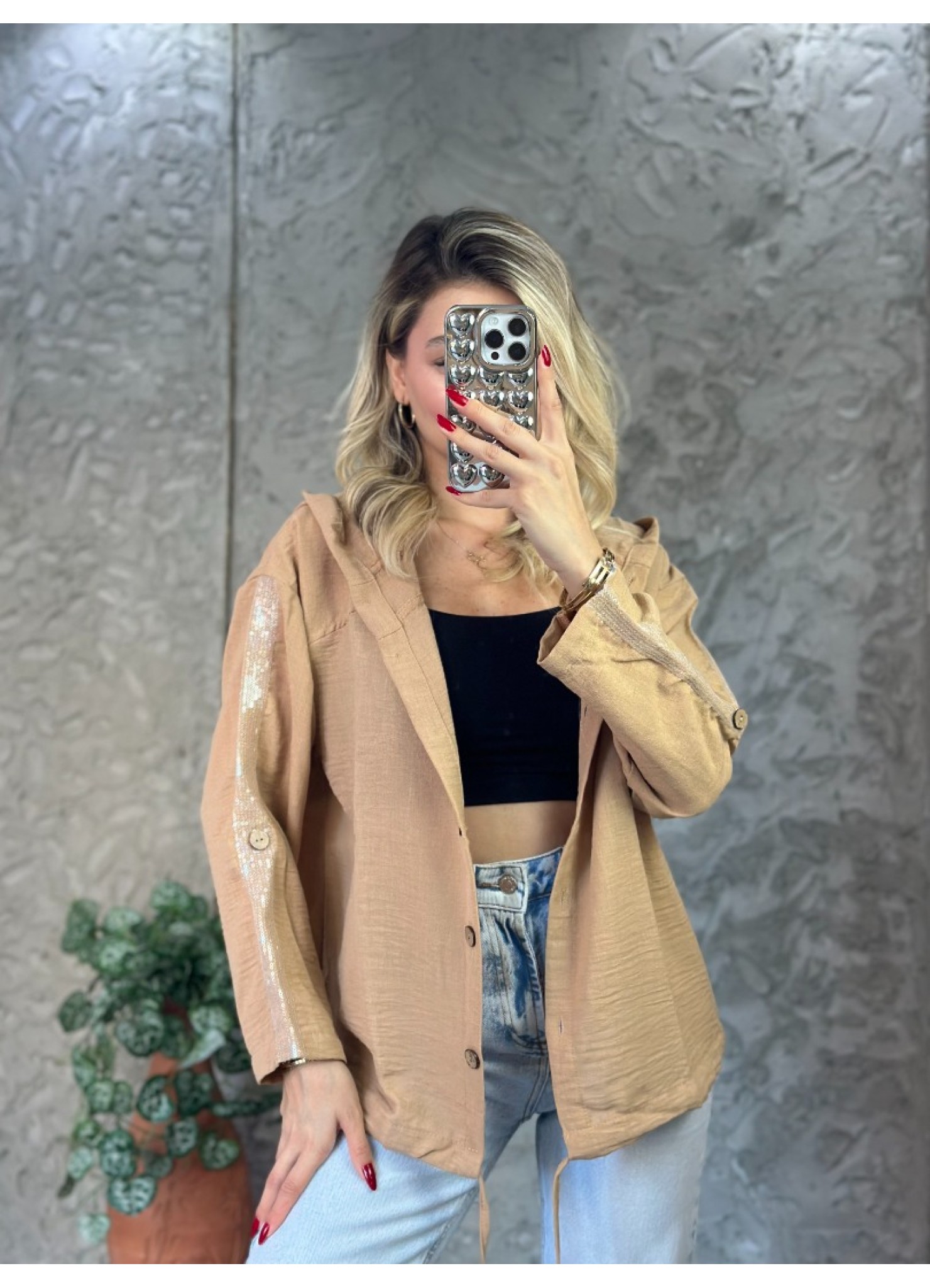 Pullu Kapşonlu Gömlek Oversize