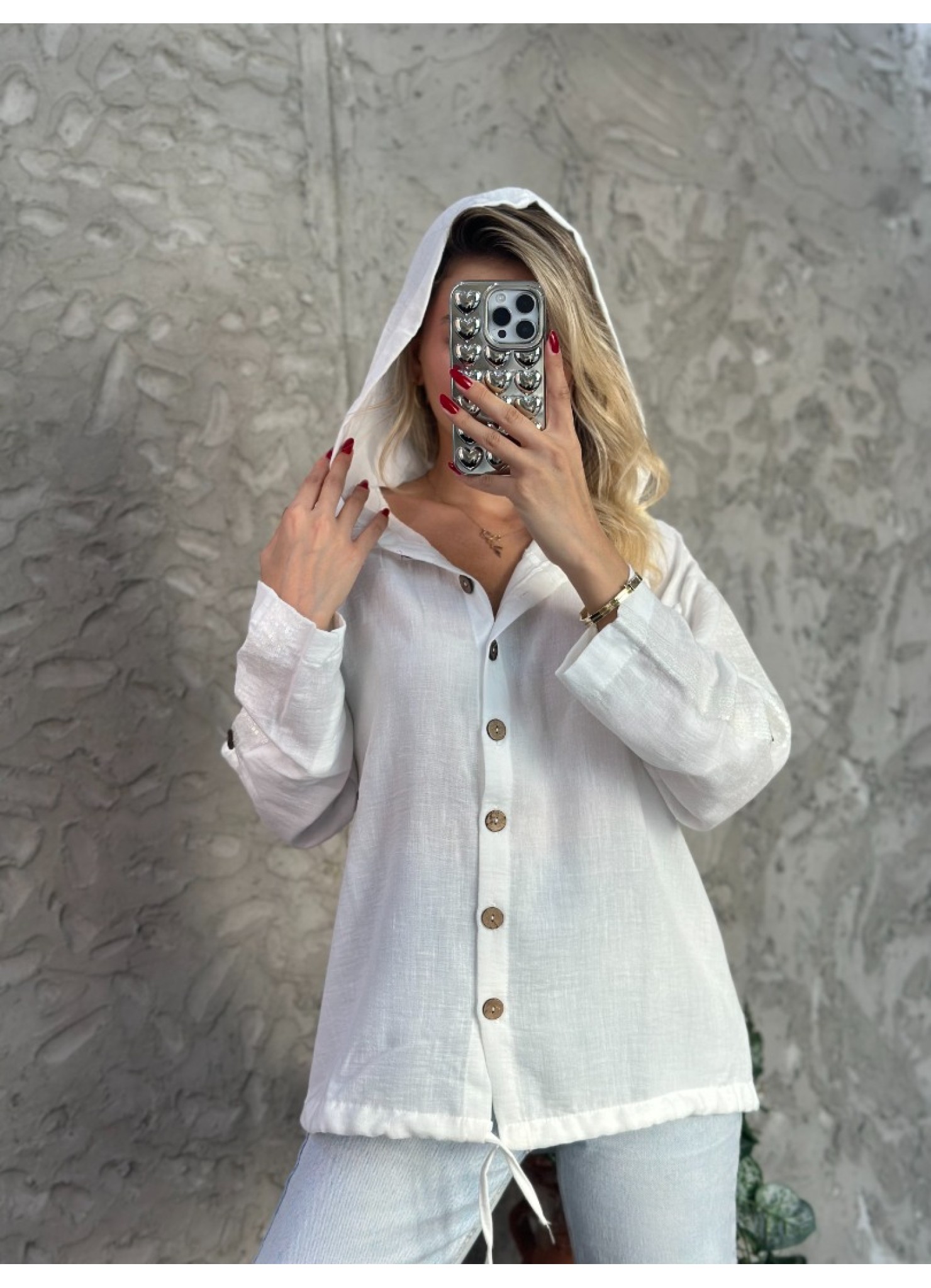 Pullu Kapşonlu Gömlek Oversize Beyaz