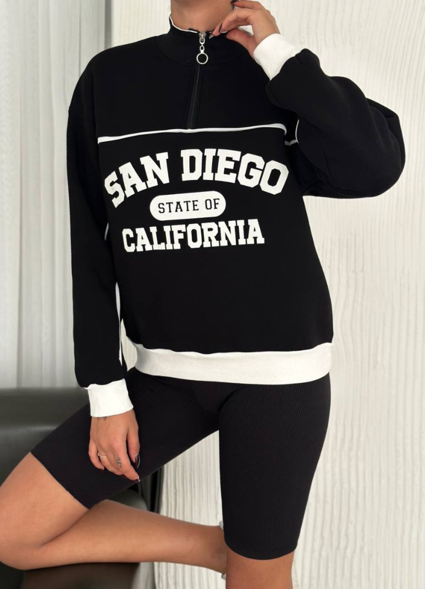 Üç iplik Önü Baskılı Ribanalı Sweat Siyah