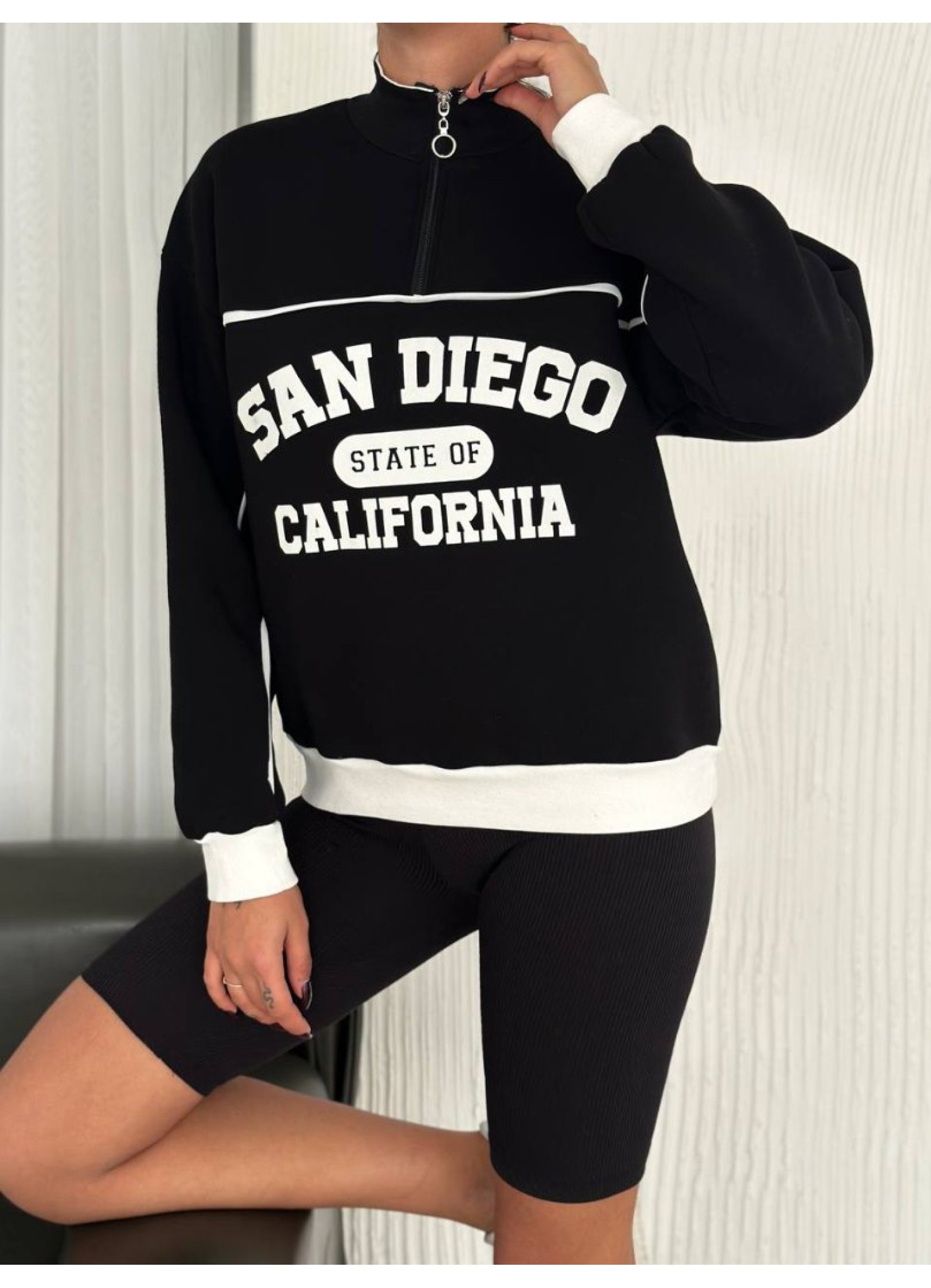 Üç iplik Önü Baskılı Ribanalı Sweat Siyah