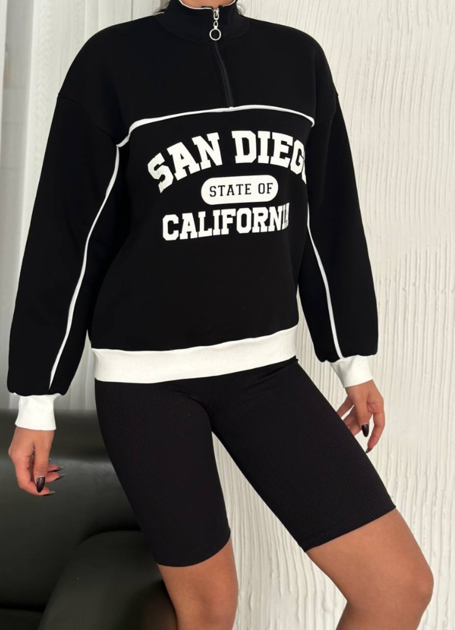 Üç iplik Önü Baskılı Ribanalı Sweat Siyah