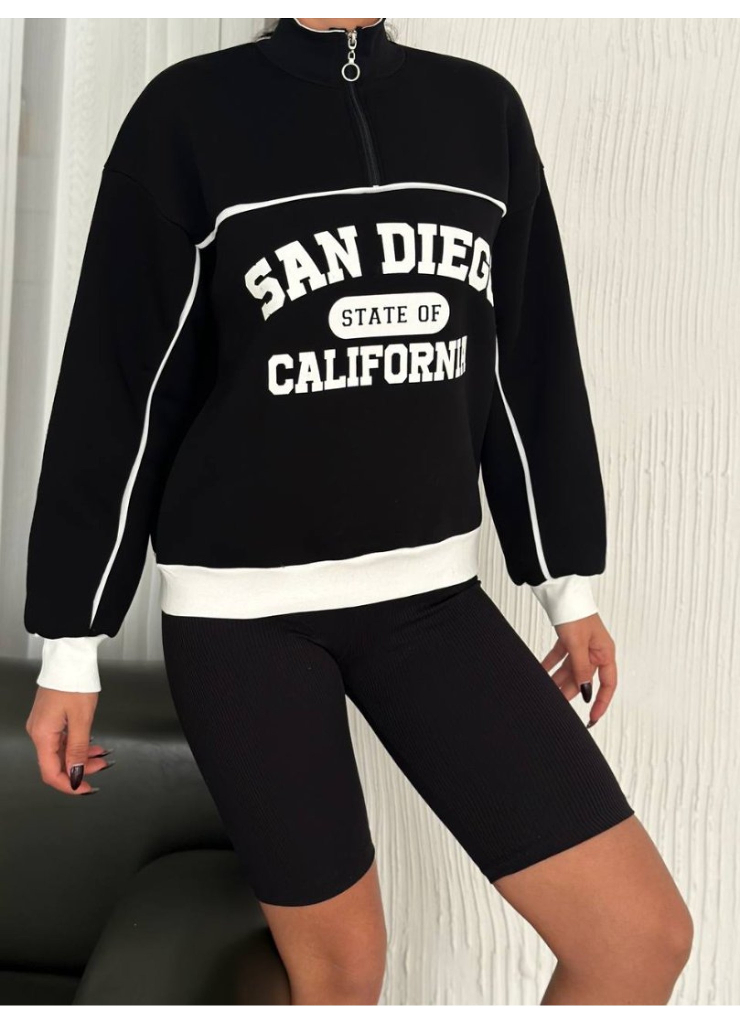 Üç iplik Önü Baskılı Ribanalı Sweat Siyah