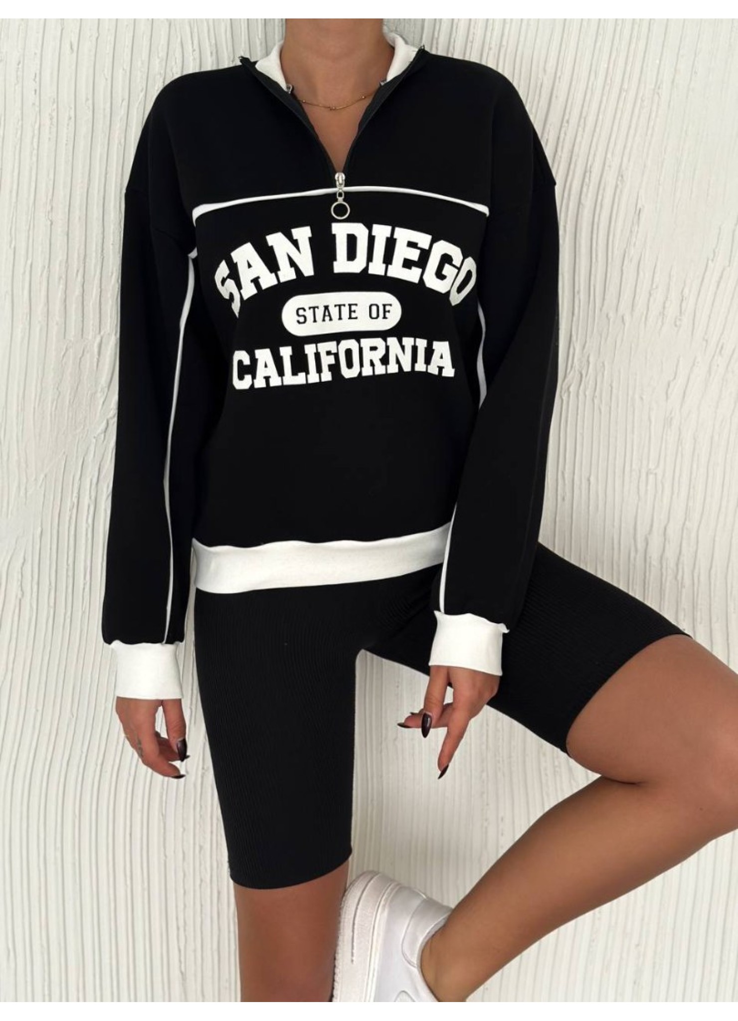 Üç iplik Önü Baskılı Ribanalı Sweat Siyah