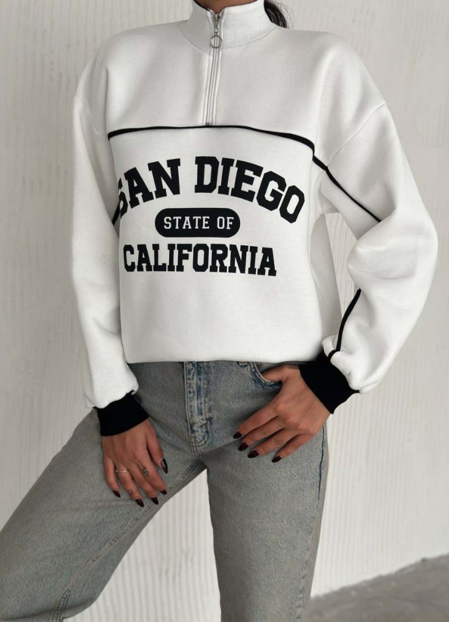 Üç iplik Önü Baskılı Ribanalı Sweat Beyaz