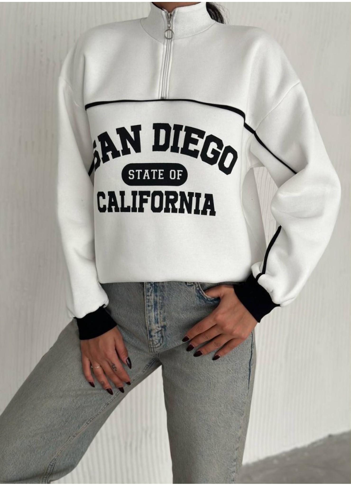 Üç iplik Önü Baskılı Ribanalı Sweat Beyaz