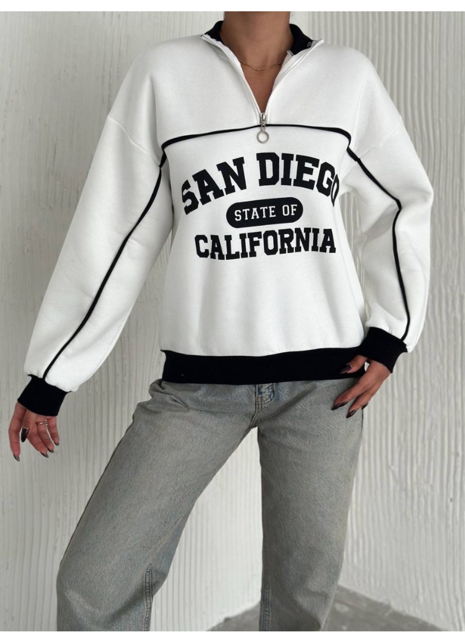 Üç iplik Önü Baskılı Ribanalı Sweat Beyaz