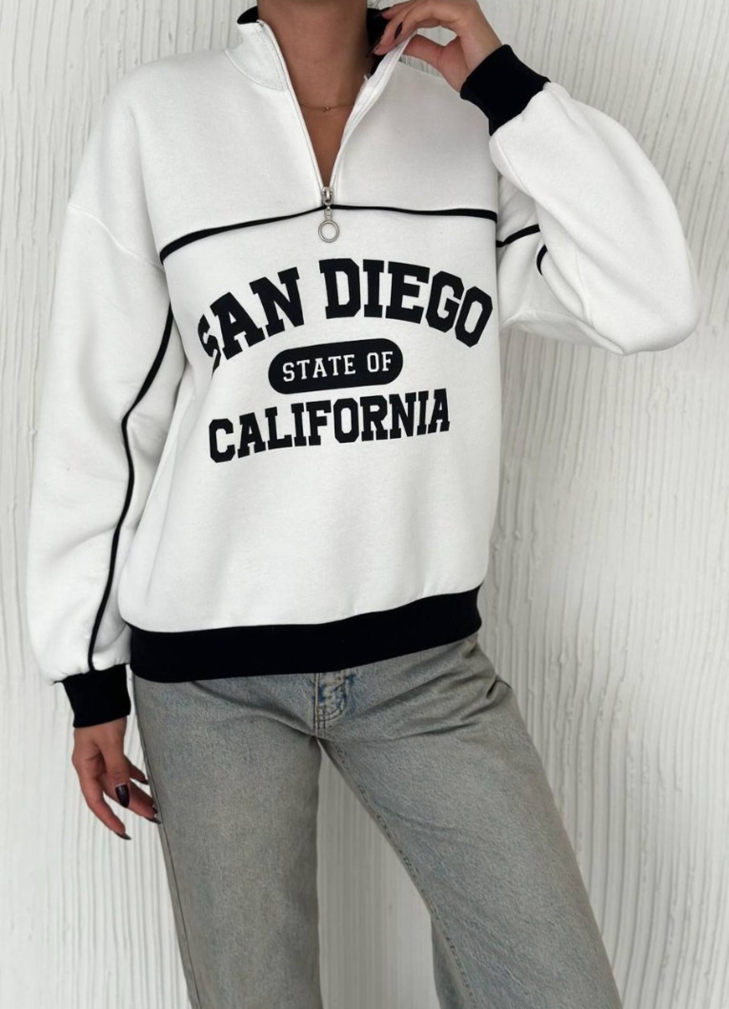 Üç iplik Önü Baskılı Ribanalı Sweat Beyaz