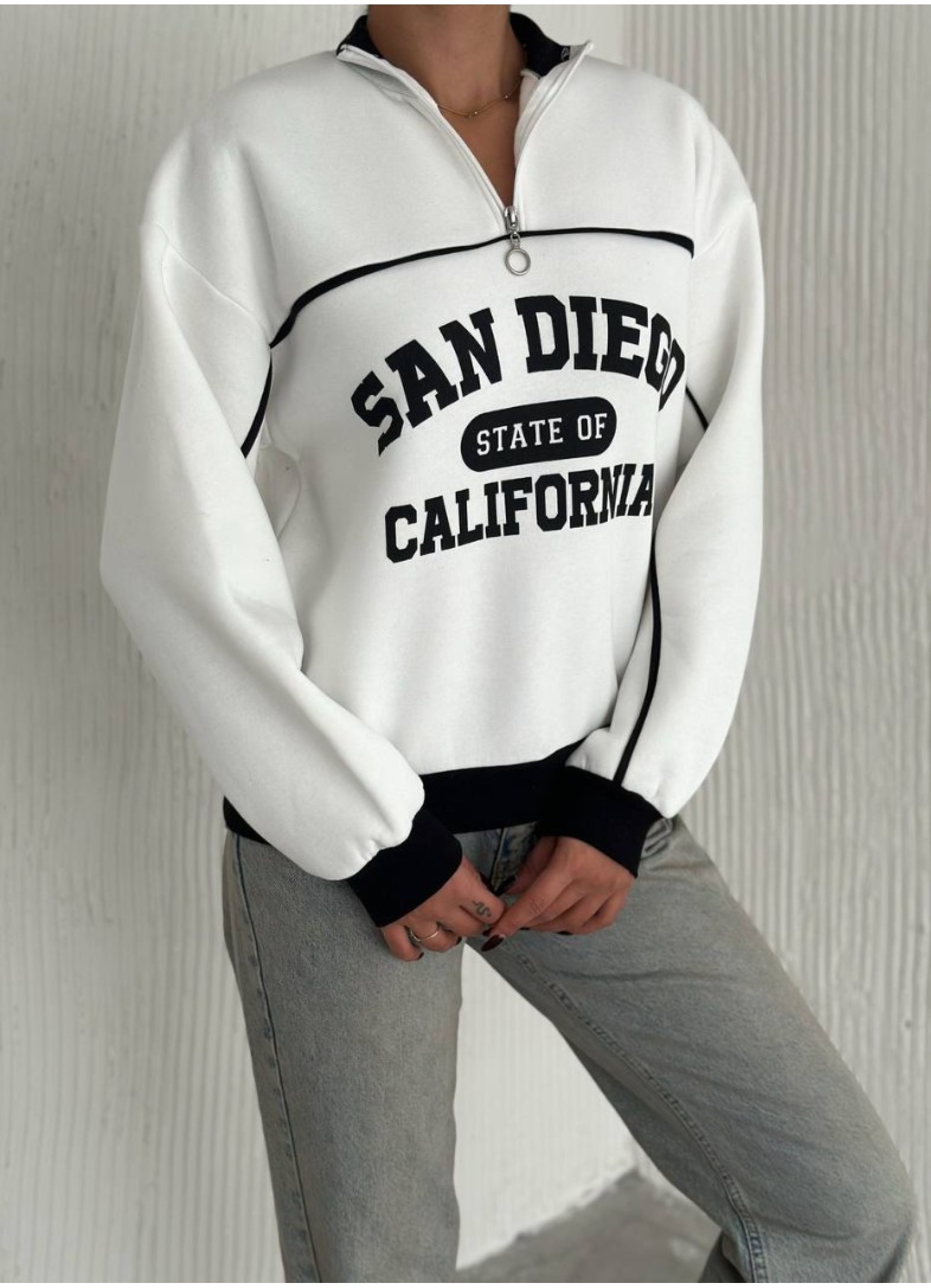 Üç iplik Önü Baskılı Ribanalı Sweat Beyaz