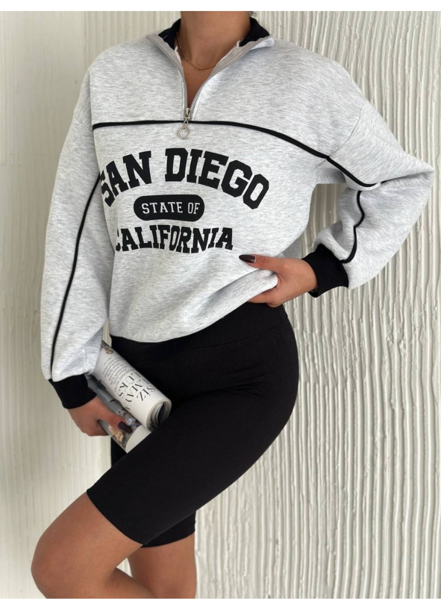 Üç iplik Önü Baskılı Ribanalı Sweat Gri