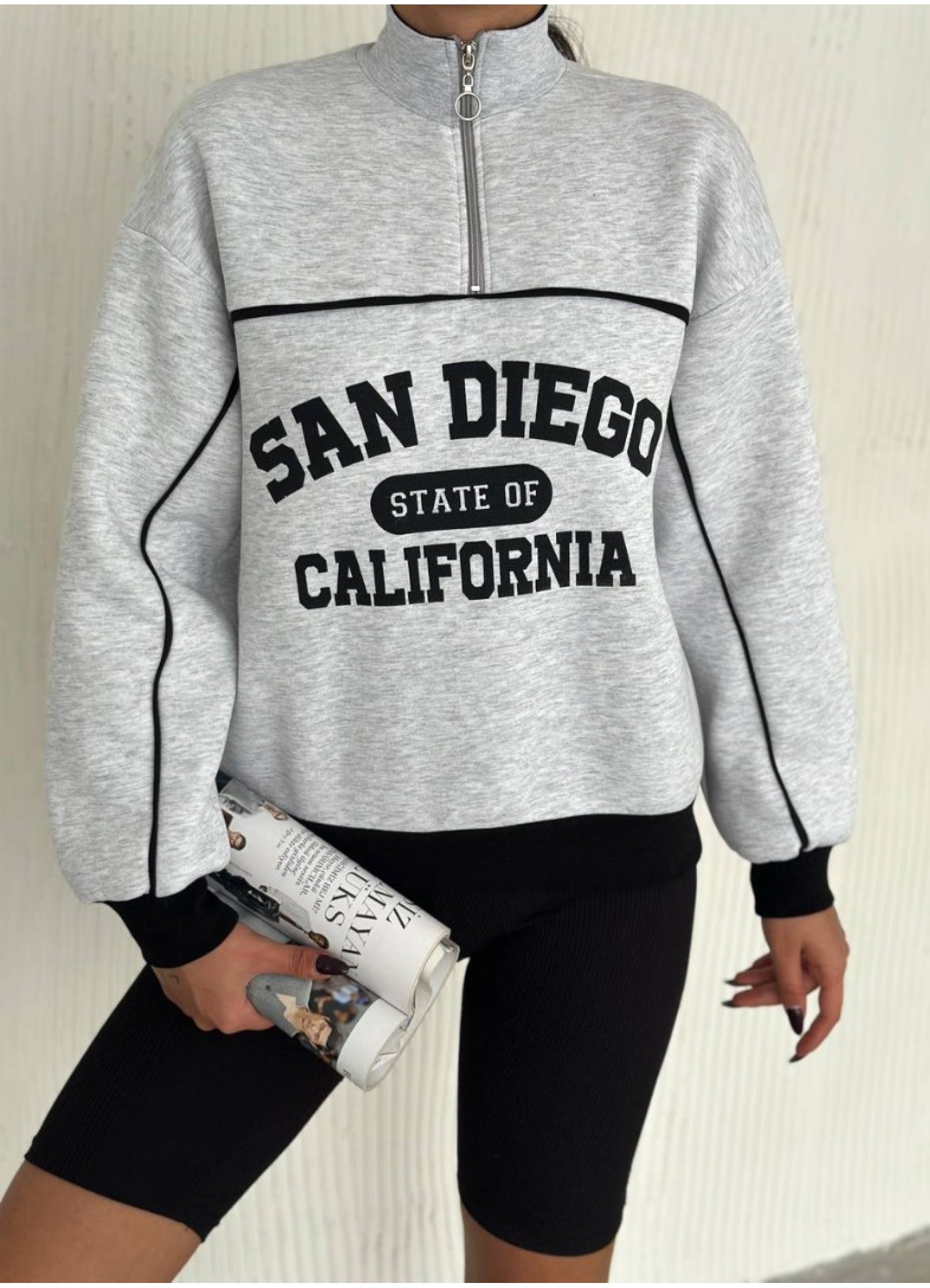 Üç iplik Önü Baskılı Ribanalı Sweat Gri