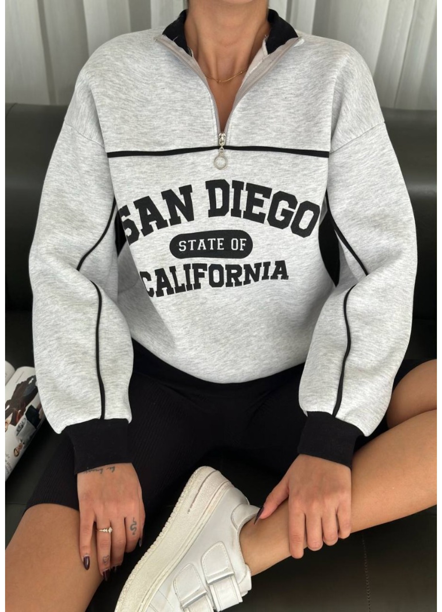 Üç iplik Önü Baskılı Ribanalı Sweat Gri