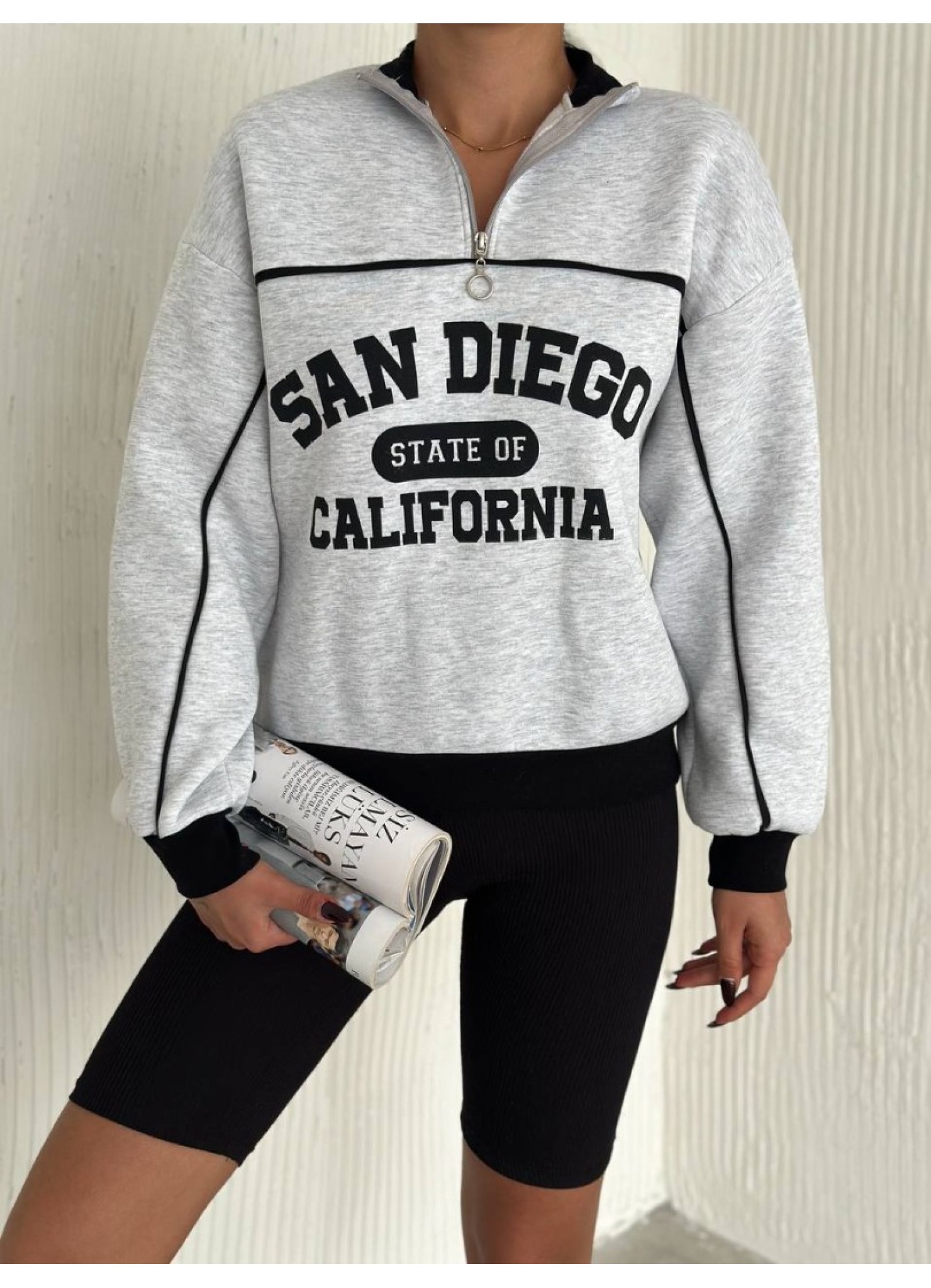 Üç iplik Önü Baskılı Ribanalı Sweat Gri