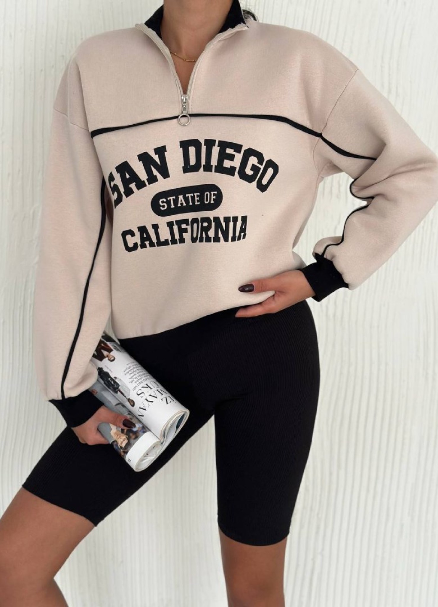 Üç iplik Önü Baskılı Ribanalı Sweat Krem