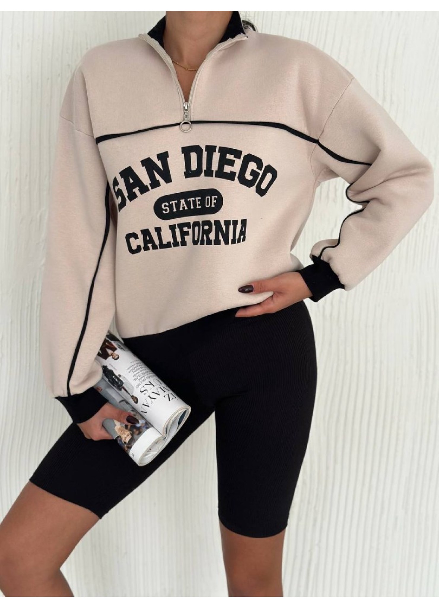 Üç iplik Önü Baskılı Ribanalı Sweat Krem