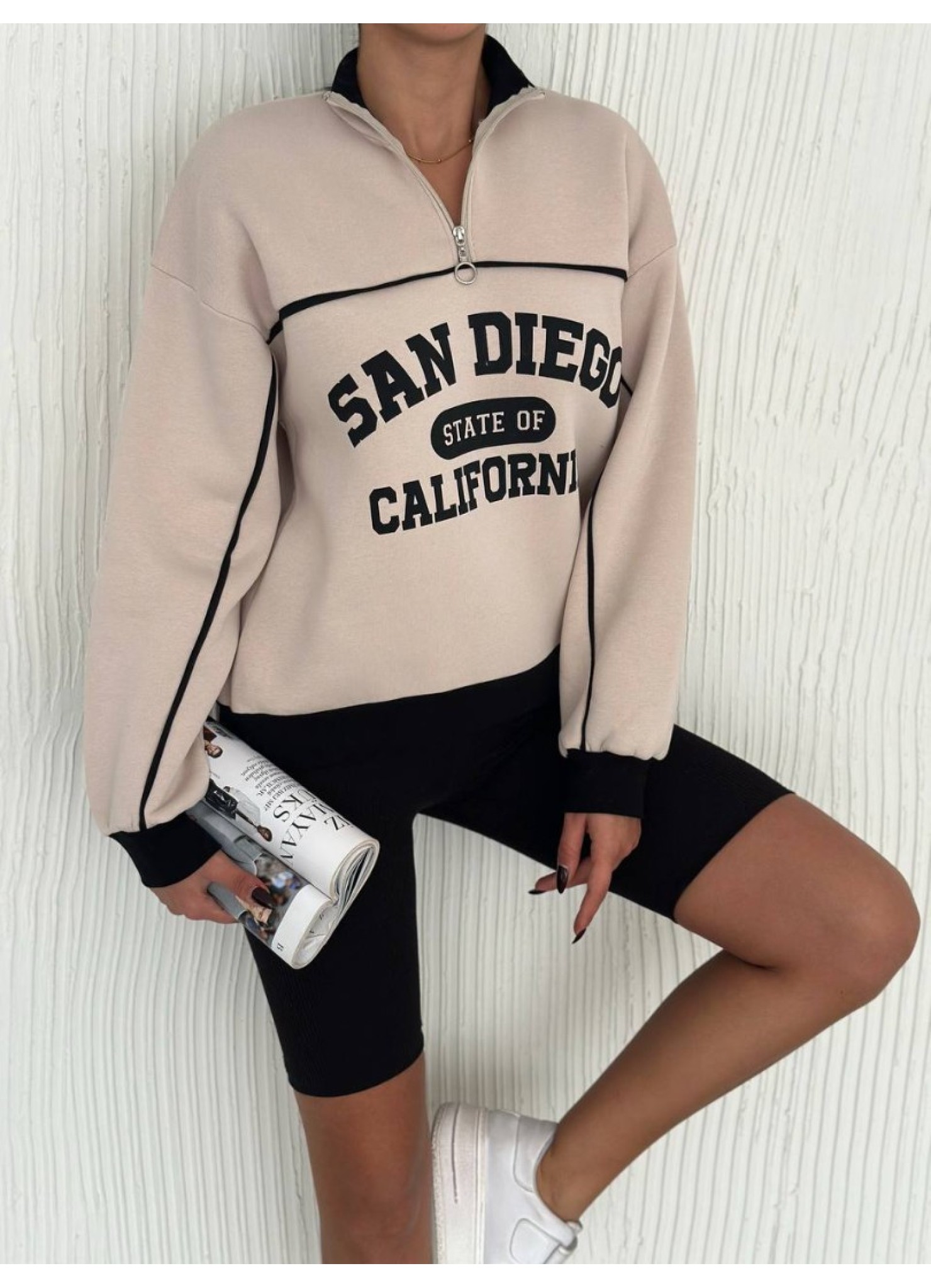 Üç iplik Önü Baskılı Ribanalı Sweat Krem