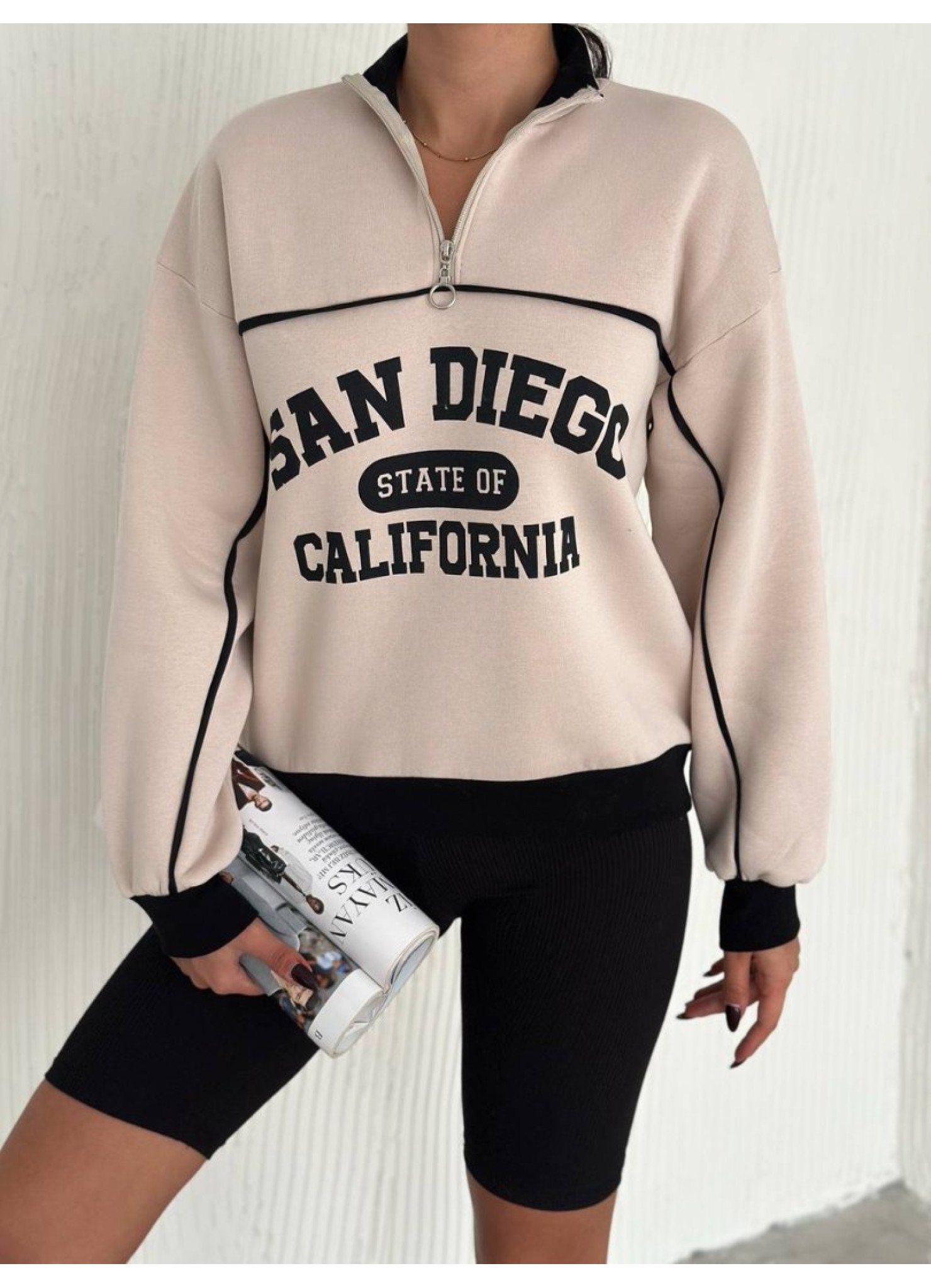 Üç iplik Önü Baskılı Ribanalı Sweat Krem