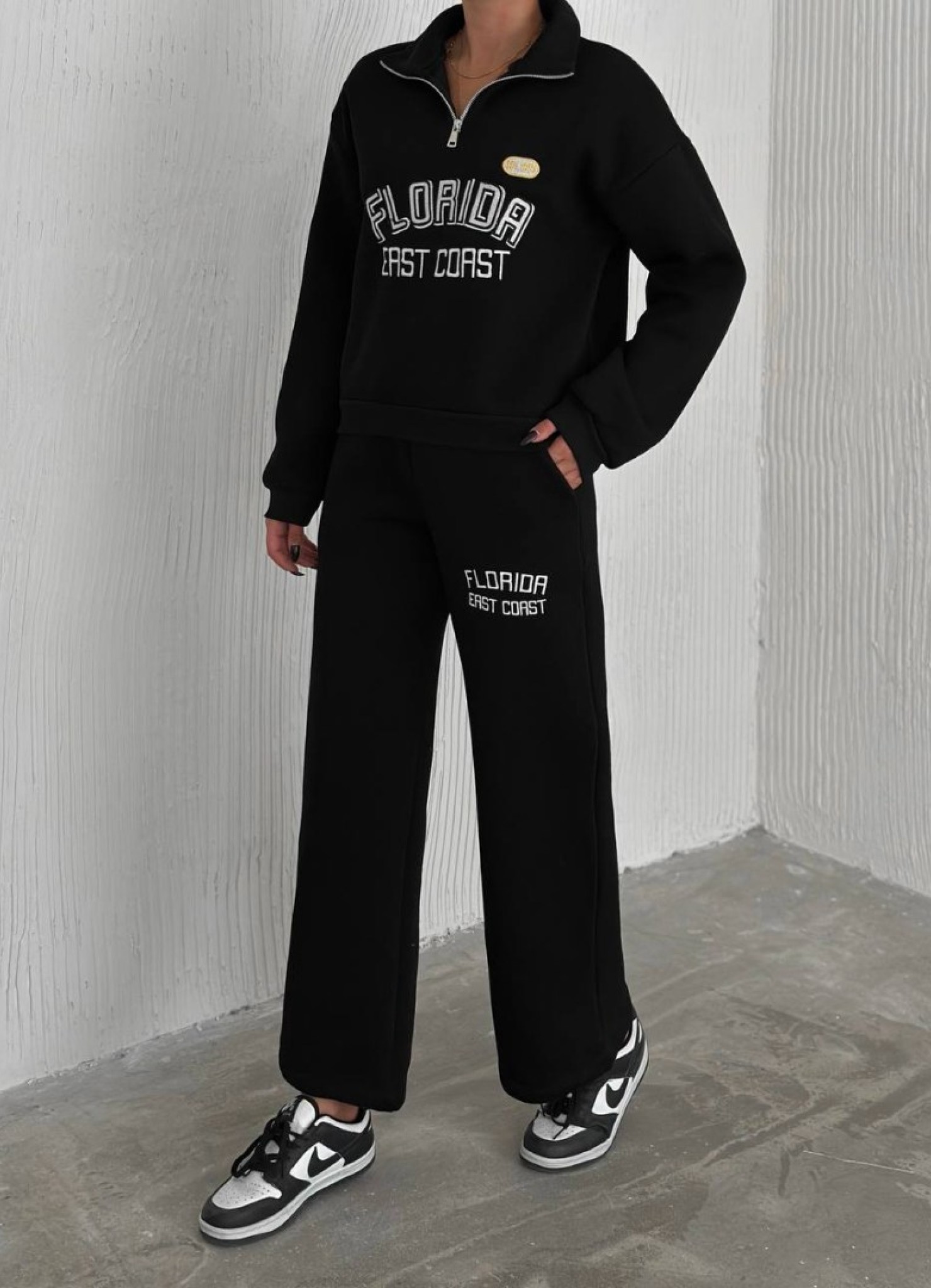 Üç İplik Florida Nakışlı Şardonlu Takım Siyah