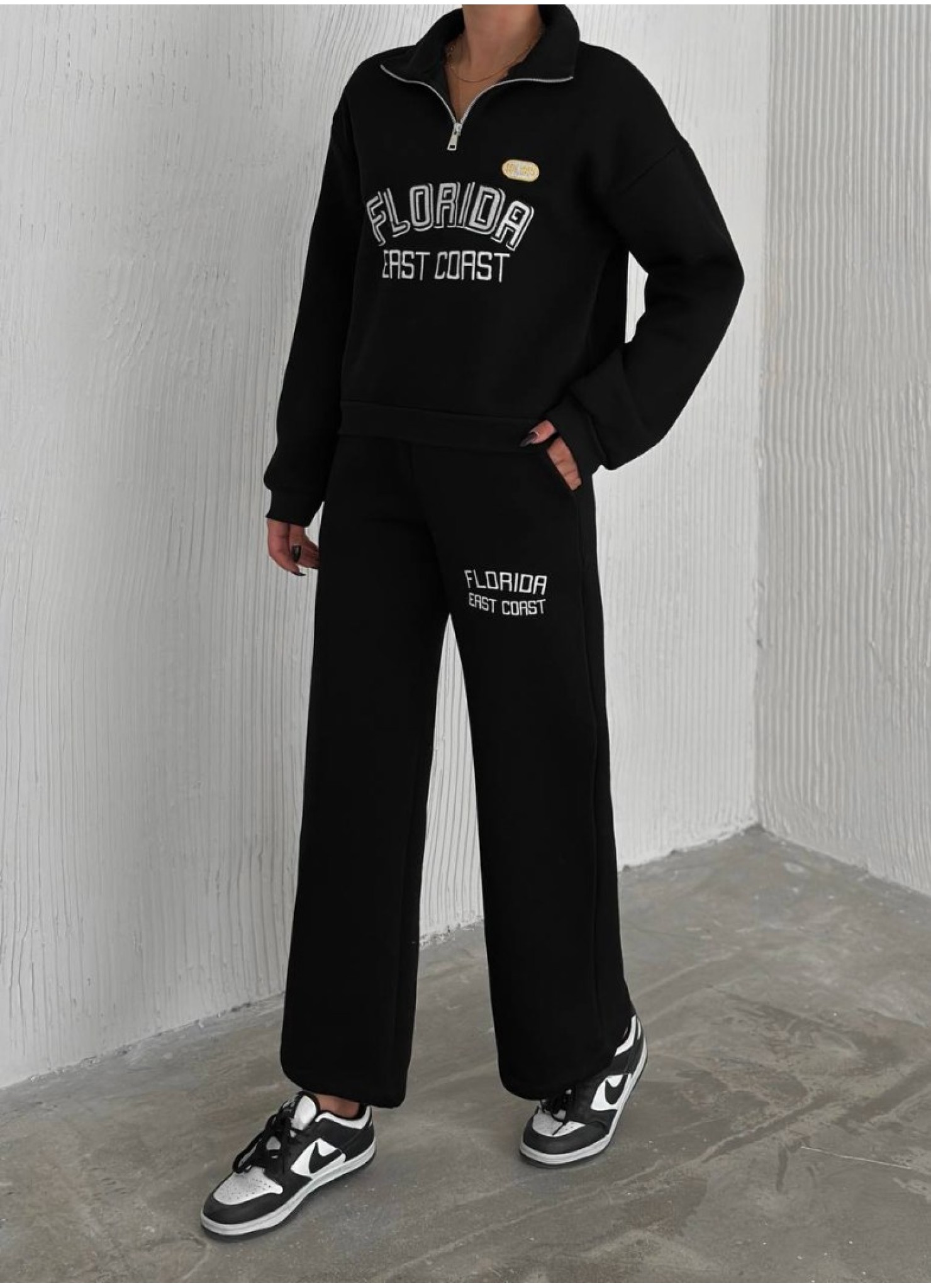 Üç İplik Florida Nakışlı Şardonlu Takım Siyah