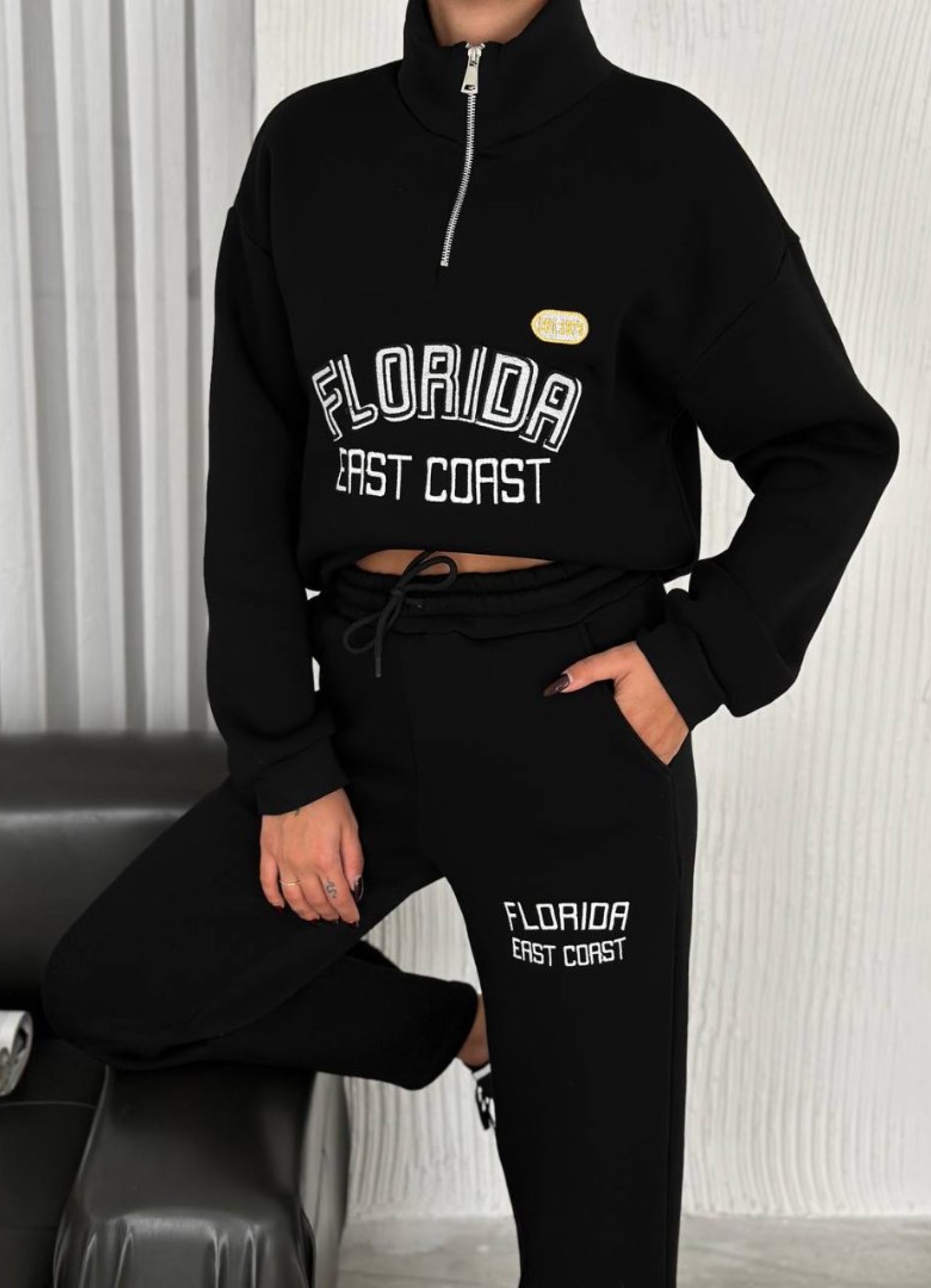 Üç İplik Florida Nakışlı Şardonlu Takım Siyah